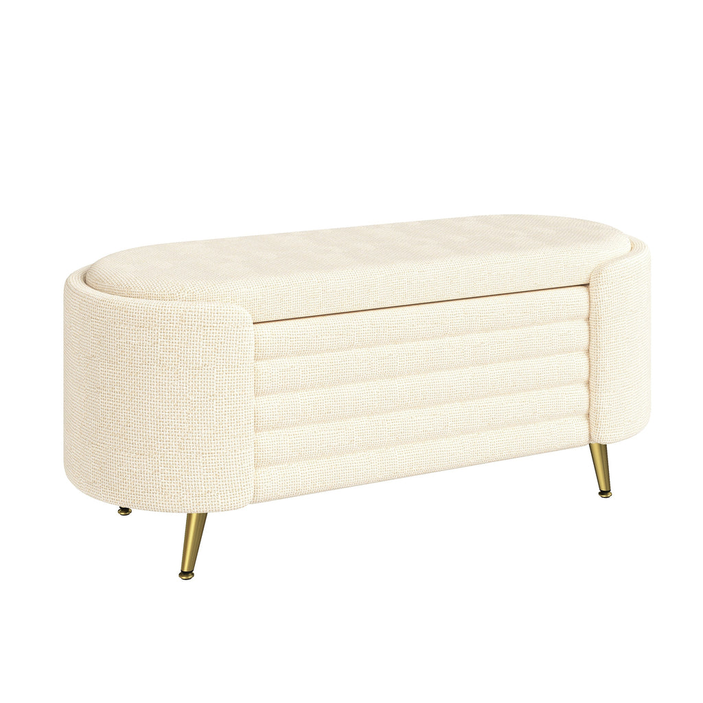 Storage Ottoman Oval Chenille Beige Metal Legs Hidden Storage 44.9x18x18 In