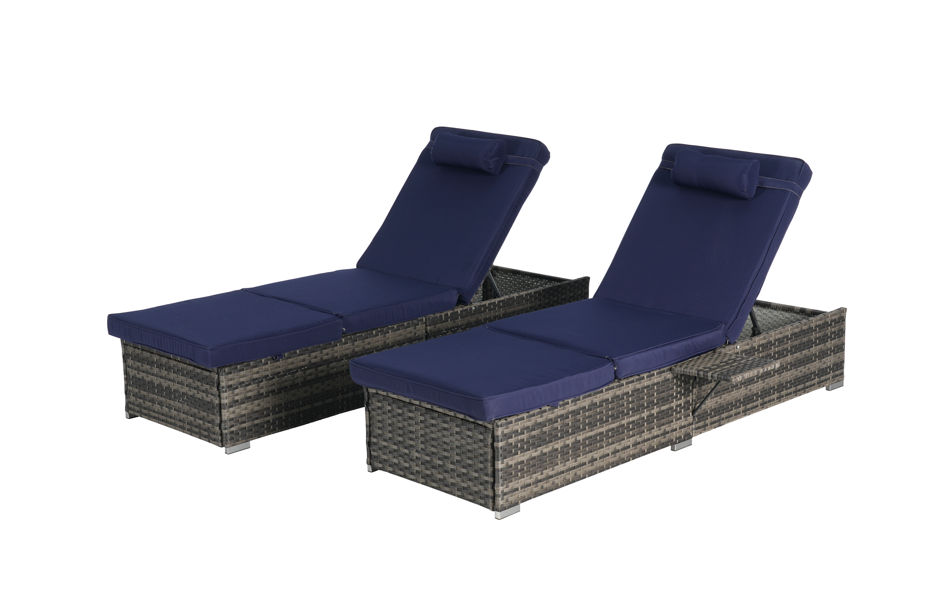 Outdoor Chaise Lounge Chair Set of 2, Rattan Storage Patio Pool Chairs with Cushion