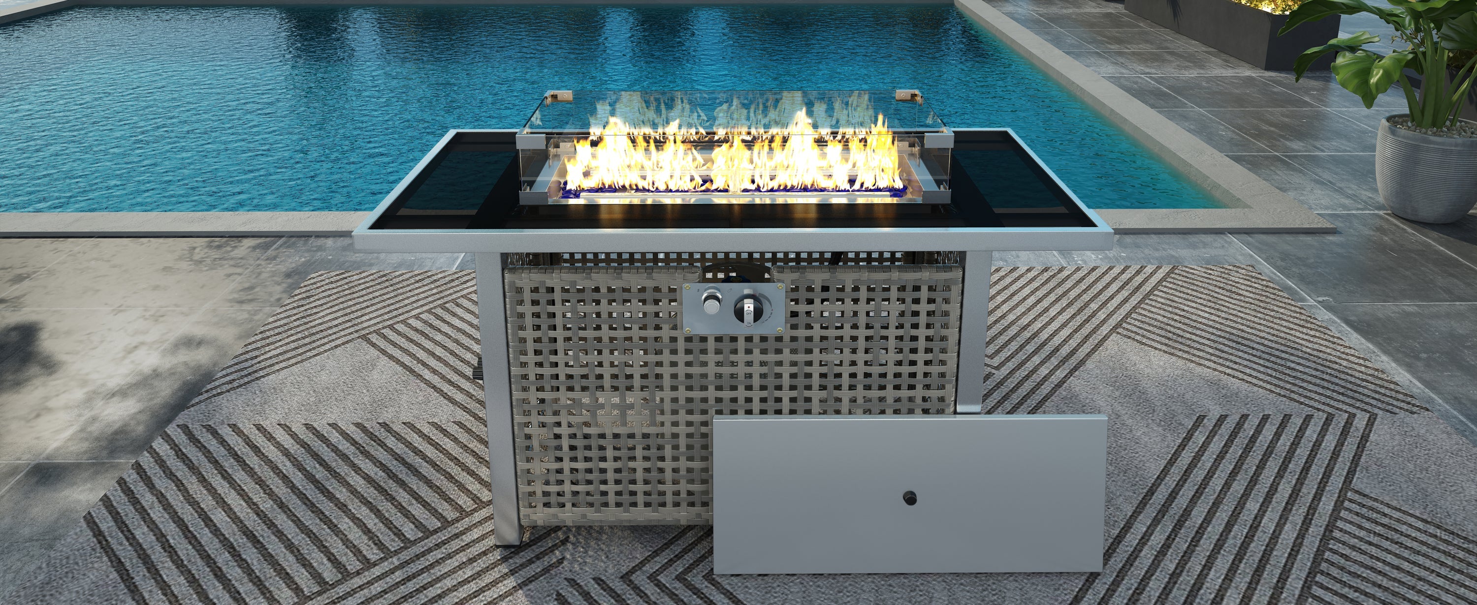 43 in Propane Gas Fire Pit Table 60,000 BTU Rectangular Open Weave Wicker, Grey