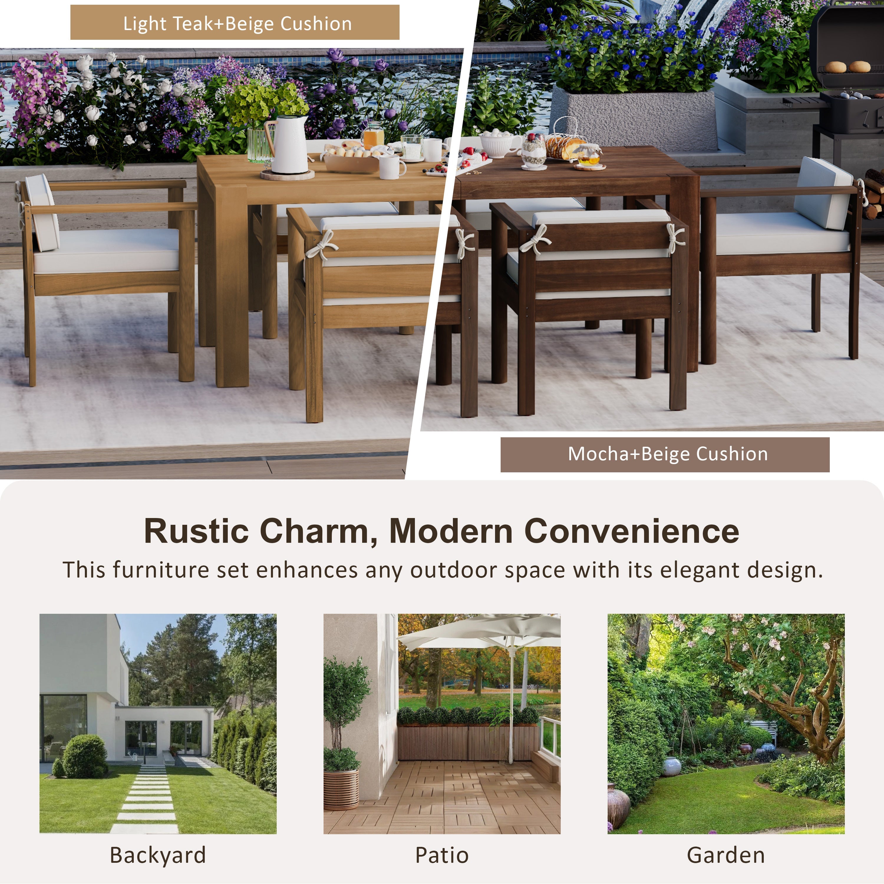 Outdoor Dining Set Acacia Wood Light Teak 7 Piece Rectangle Seats 6