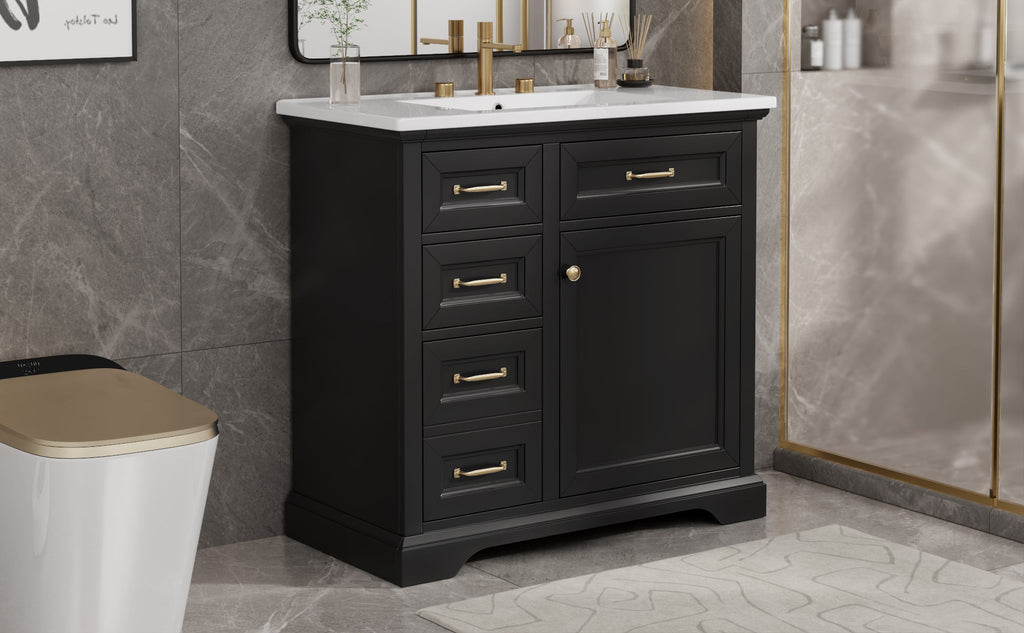 36-Inch Bathroom Vanity with Ceramic Sink Top, 4 Drawers and 1 Soft-Close Door