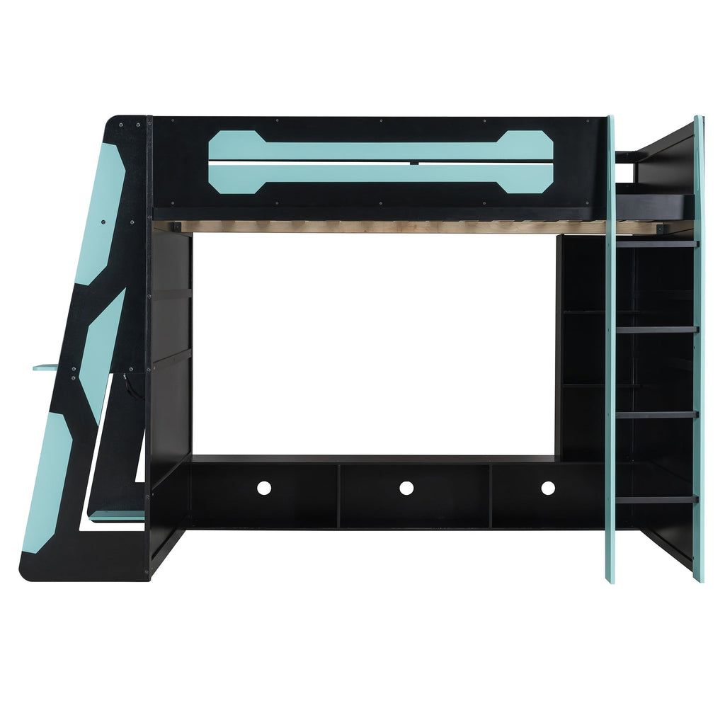 Full Size Wood Loft Bed with Desk, Multi-storage Shelves and RGB Light, Cloud