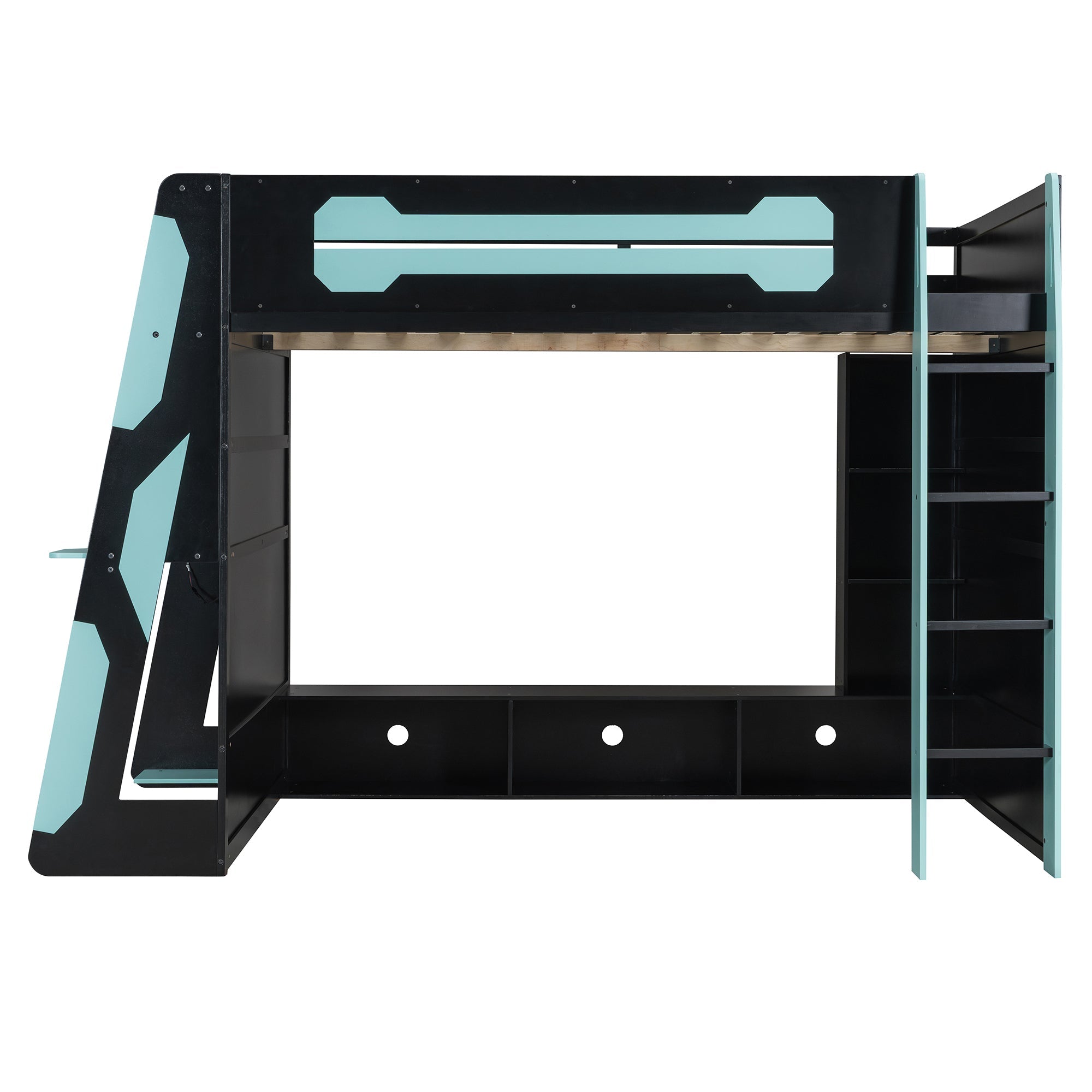 Full Size Wood Loft Bed with Desk, Multi-storage Shelves and RGB Light, Cloud