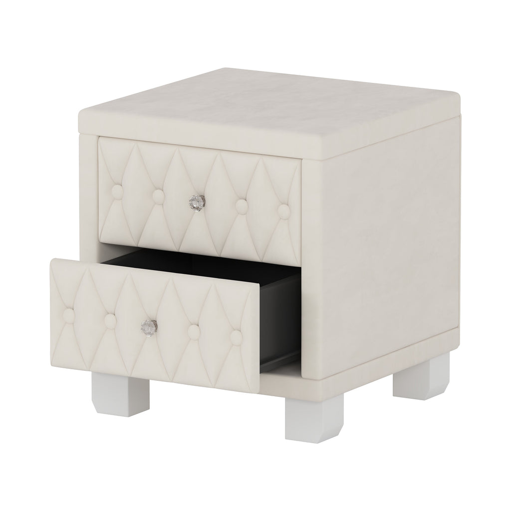 Velvet Nightstand with 2 Drawers, Crystal Handle, Button-Tufted, Beige