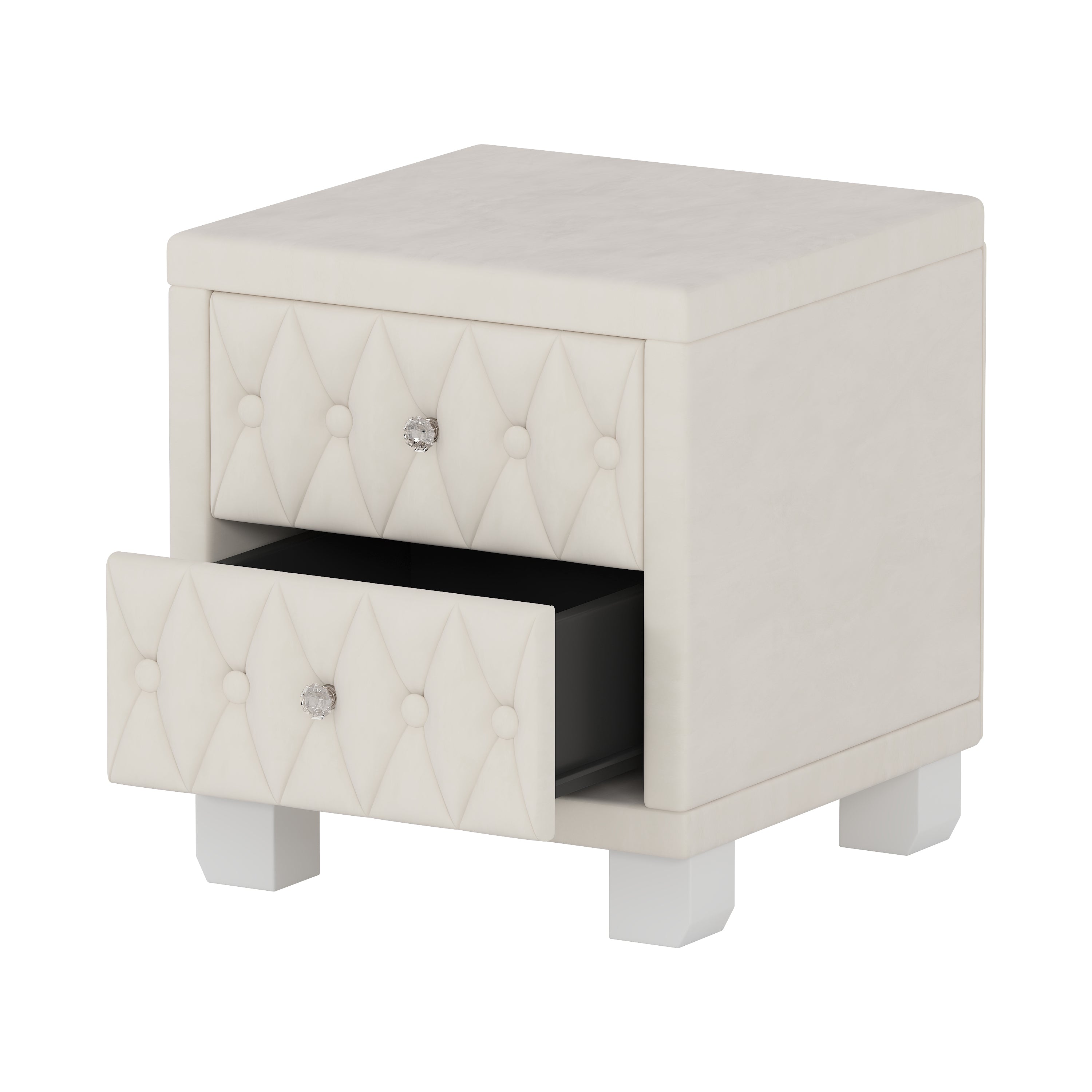 Velvet Nightstand with 2 Drawers, Crystal Handle, Button-Tufted, Beige