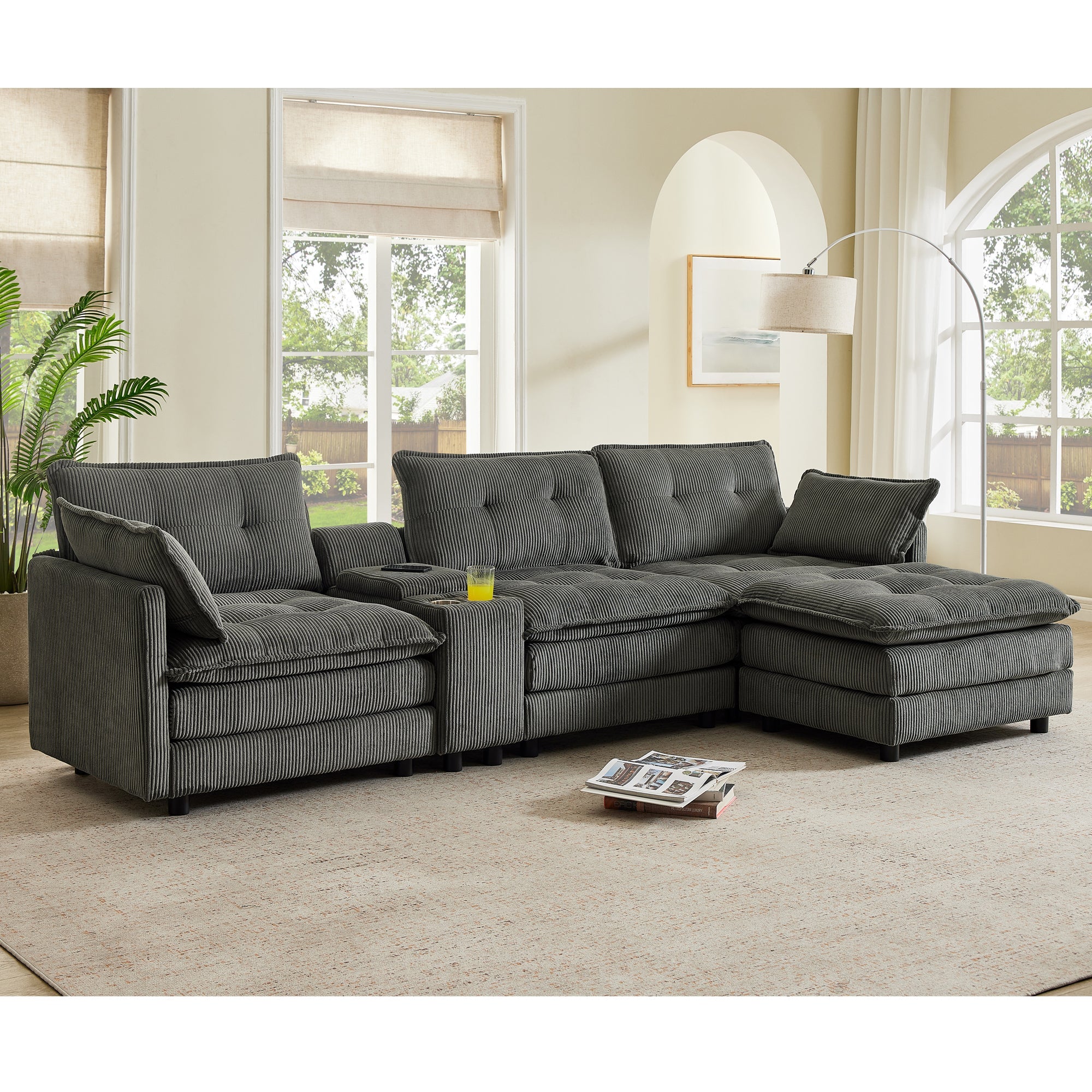 Sectional Sofa L-Shape Corduroy Gray 4 Seat USB Ports Ottoman 119 In