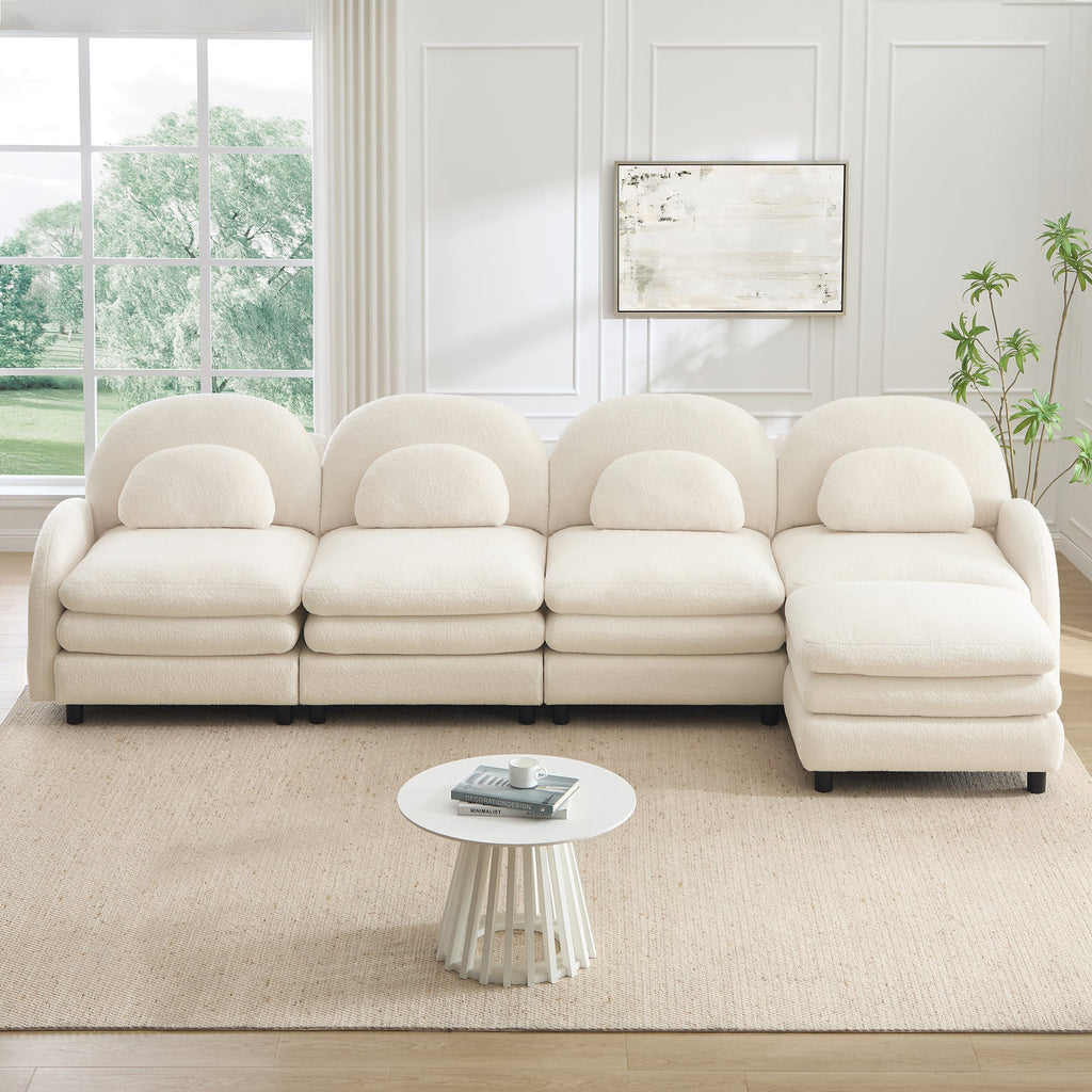 Sectional Sofa Modular Cloud Teddy Beige White 4 Seat Ottoman
