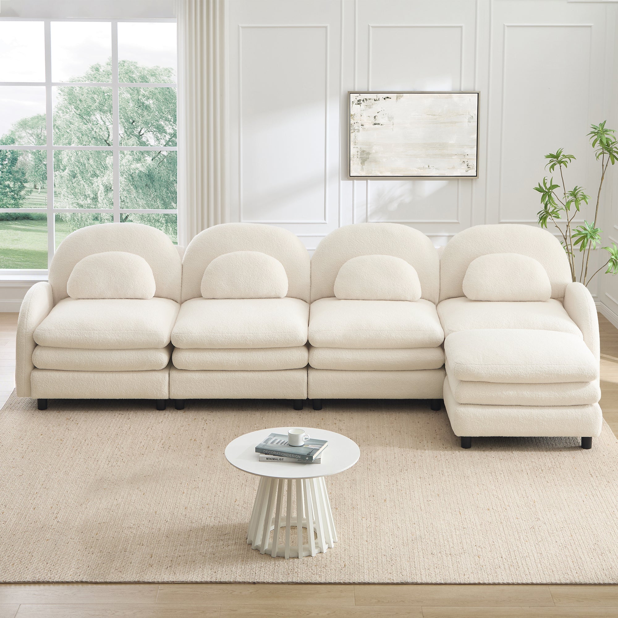 Sectional Sofa Modular Cloud Teddy Beige White 4 Seat Ottoman
