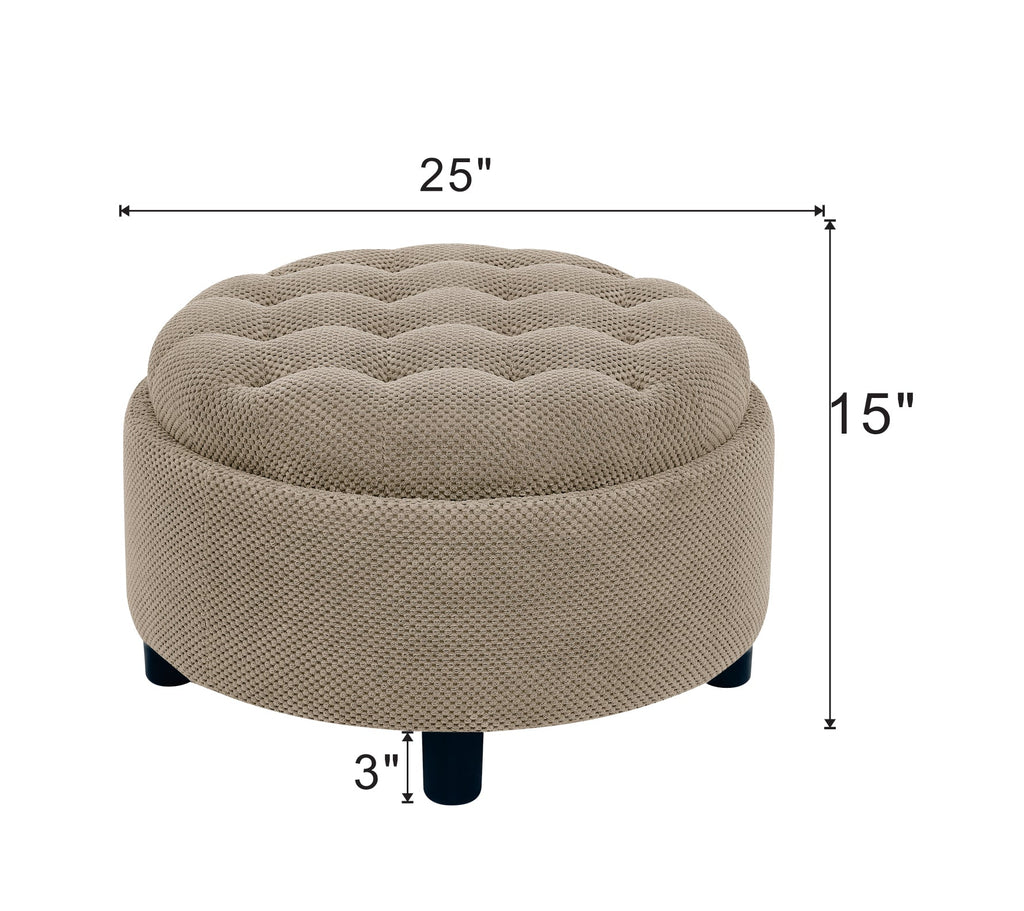 25 Inch Round Storage Ottoman with Wooden Top Side Table, Camel Fabric
