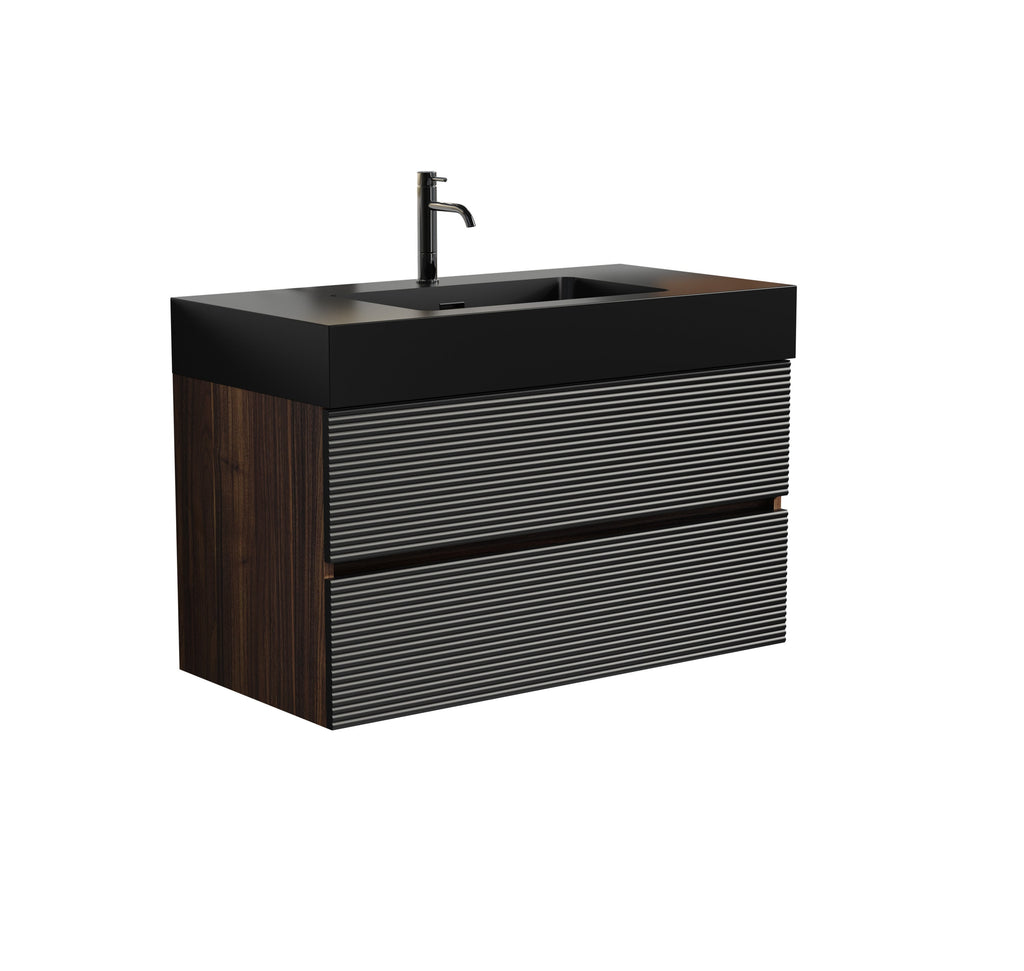 36' Walnut Bathroom Vanity with Matt Black Engineered Quartz Sink Soft Black Drawers
