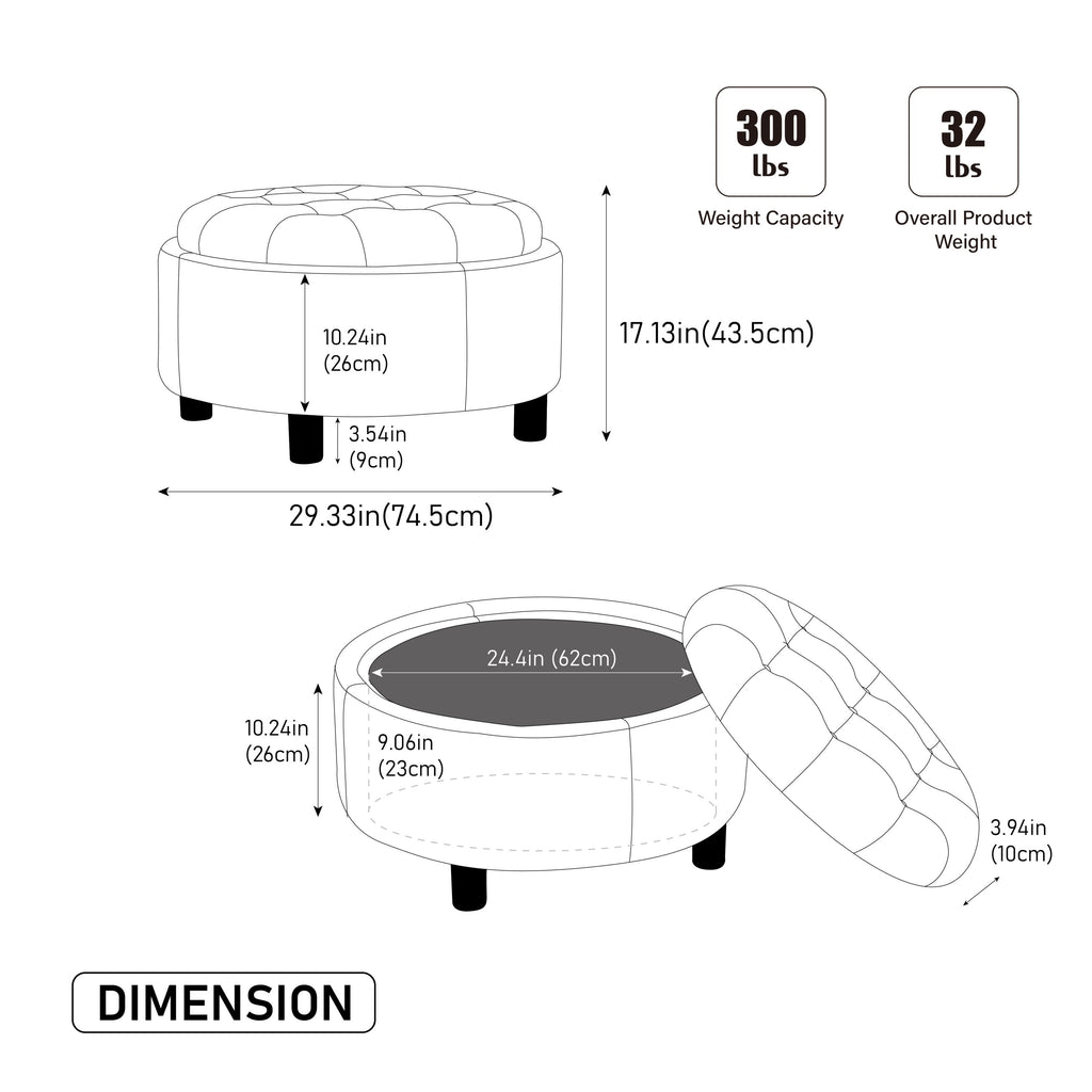 29.33' Round Upholstered Ottoman with Reversible Lid, Fleece Fabric, Gray