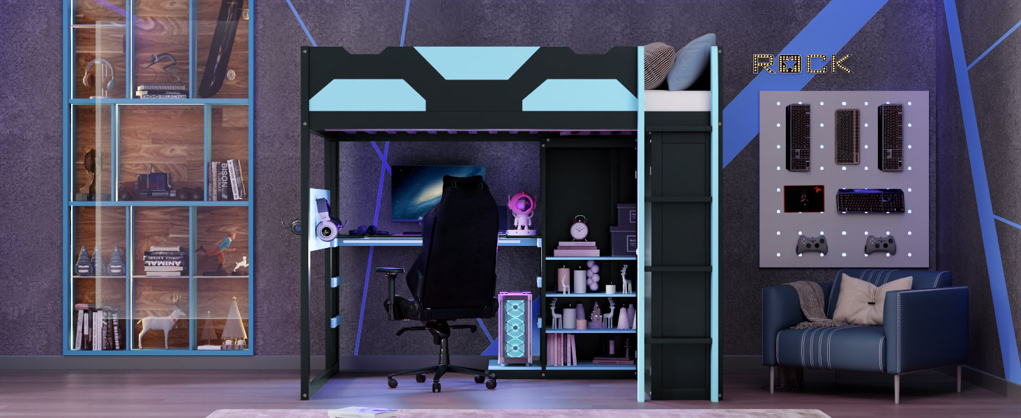 Full Size Wood Loft Bed with Desk, Multi-storage Shelves, USB and RGB Light