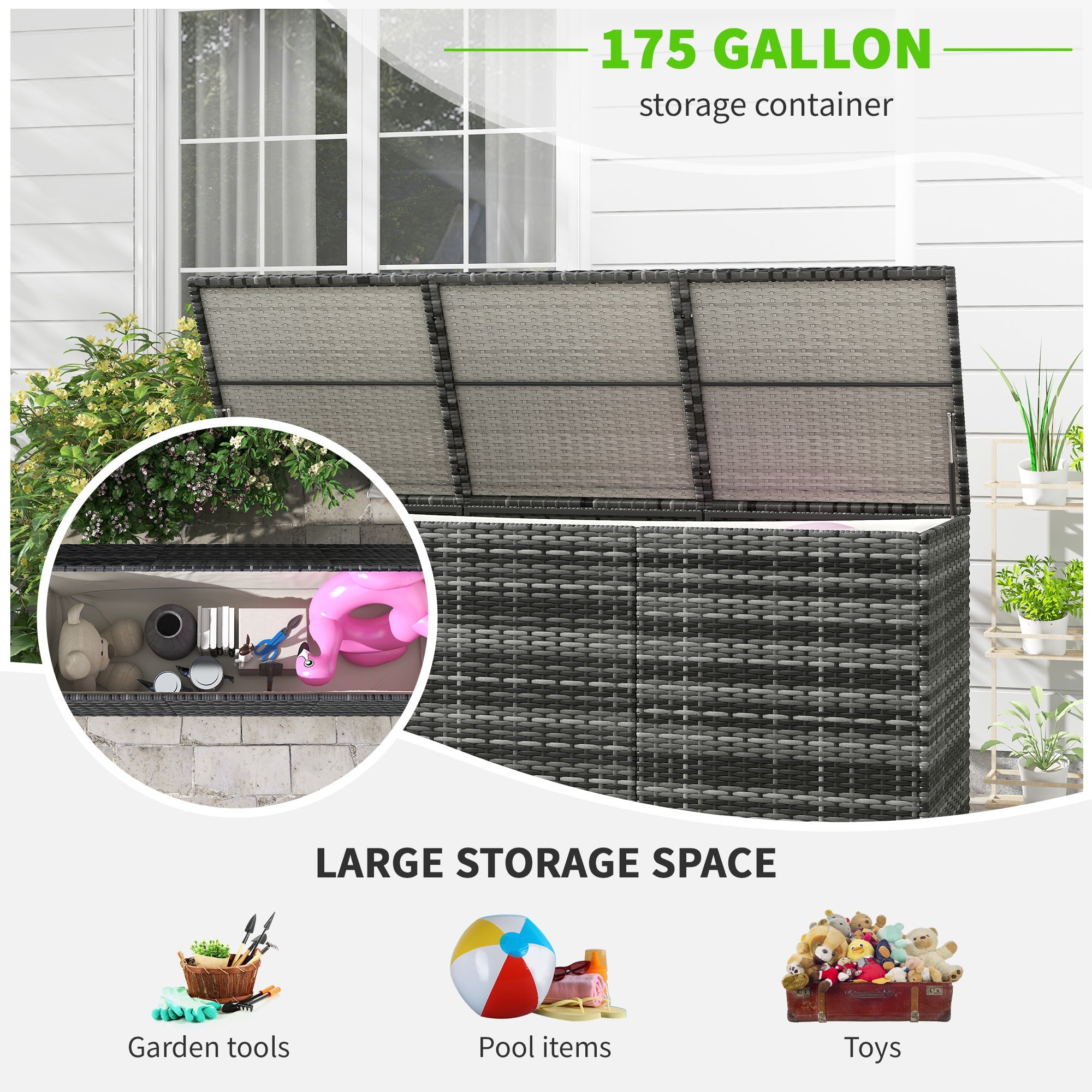 175 Gallon Outdoor Storage Box with Inner Liner, PE Rattan Wicker Deck Box with