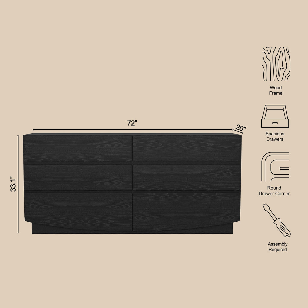 Dresser Minimalist 6-Drawer Black MDF Handleless 72x20x33.1 In