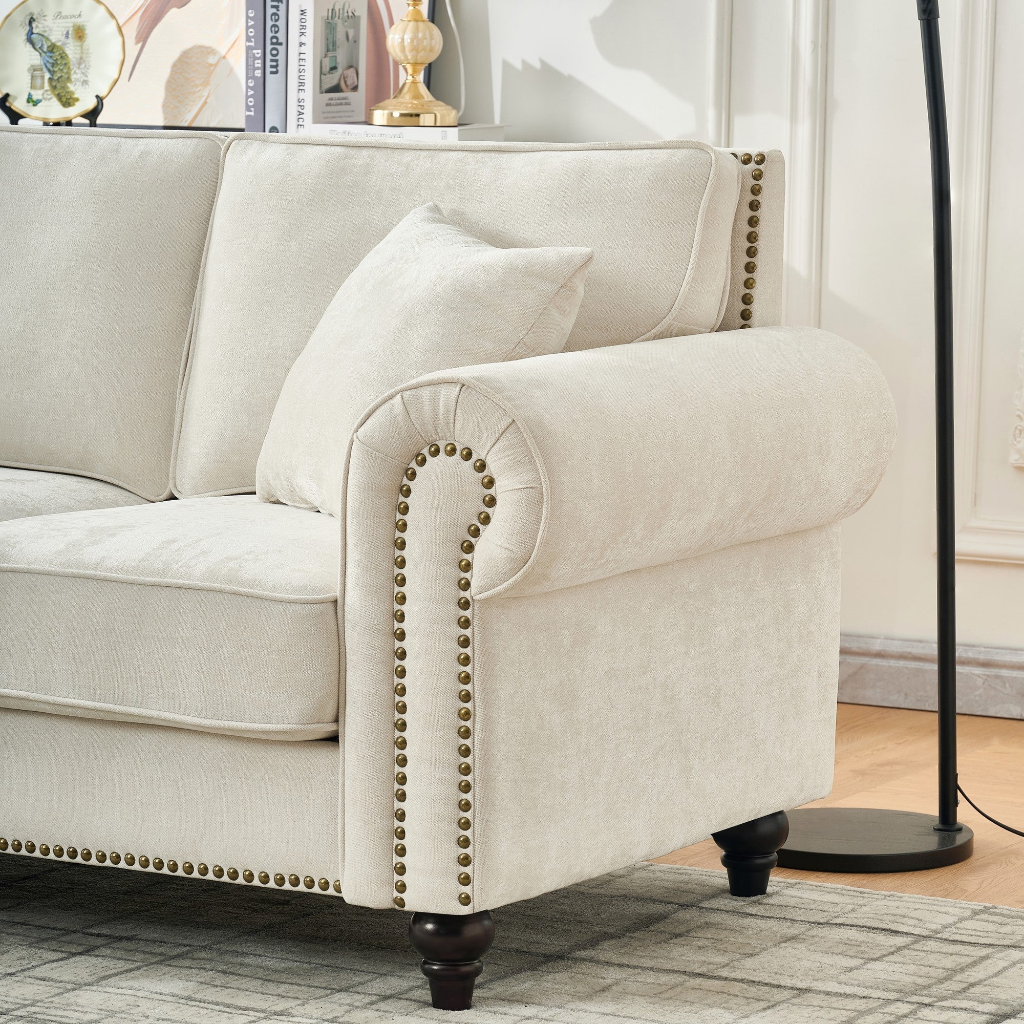 Loveseat Chenille Beige Rolled Arms Nailhead Trim 63 In 700 LB