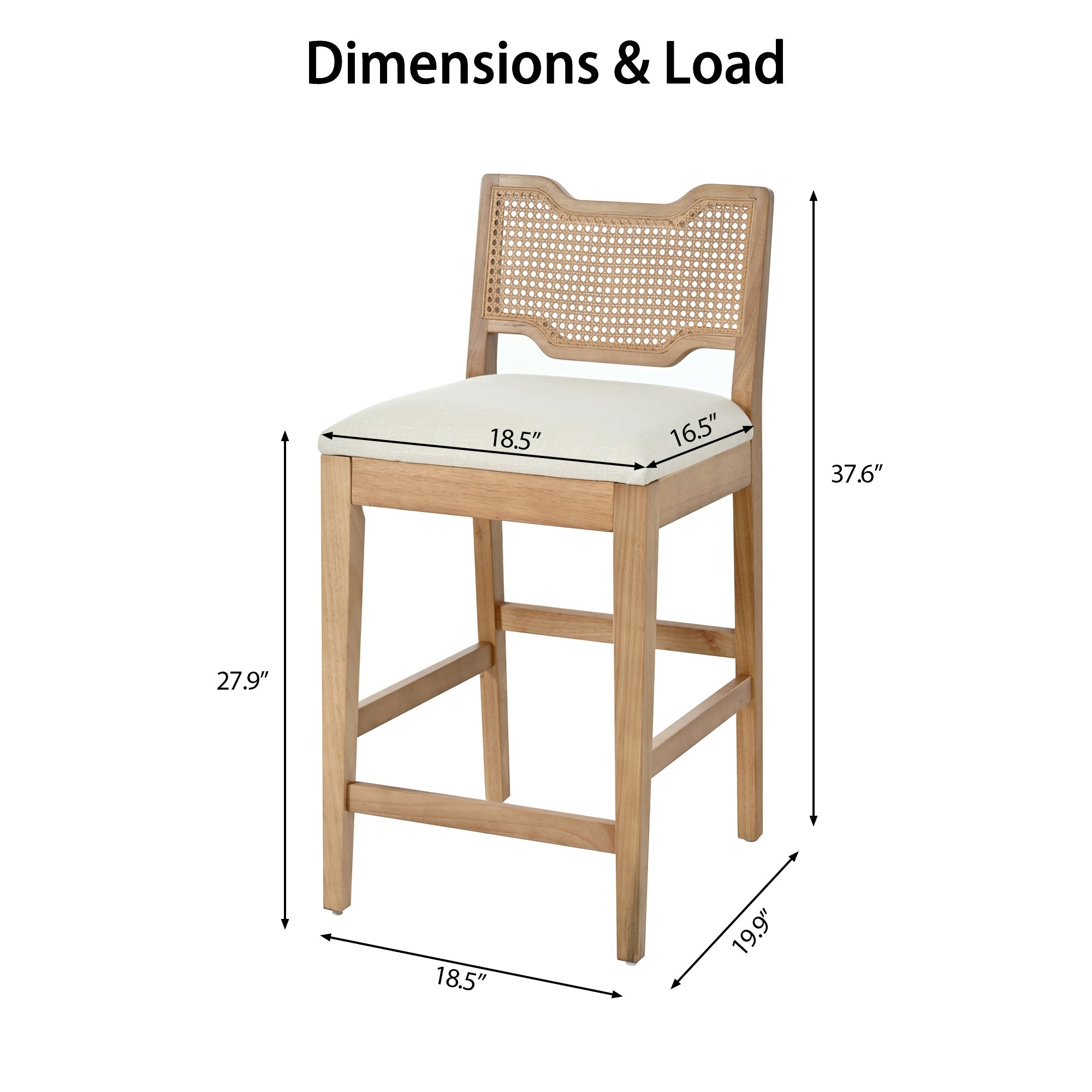 28 in Farmhouse Barstools Set of 2, Upholstered Iron Counter Stools with Rattan Backrest