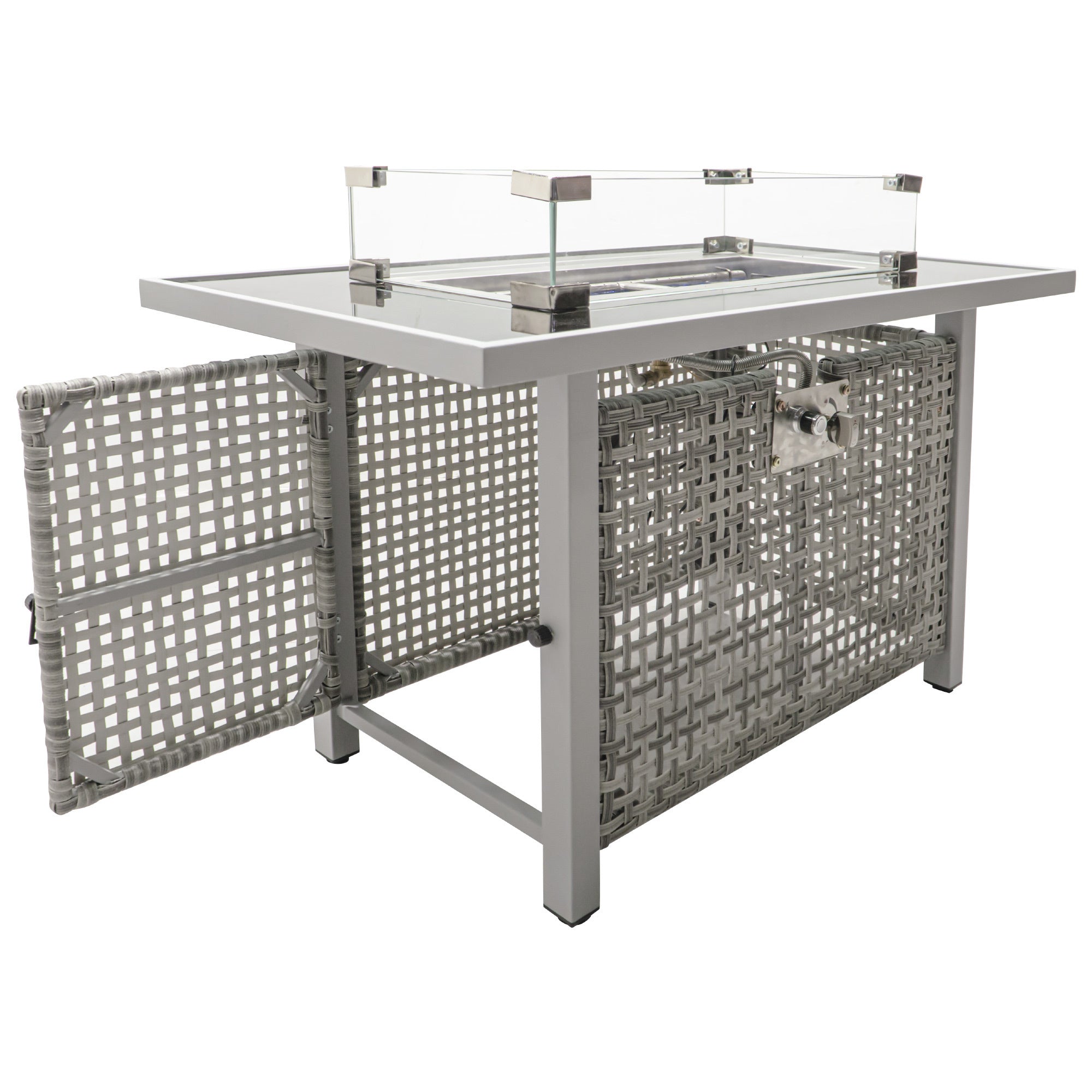 43 in Propane Gas Fire Pit Table 60,000 BTU Rectangular Open Weave Wicker, Grey