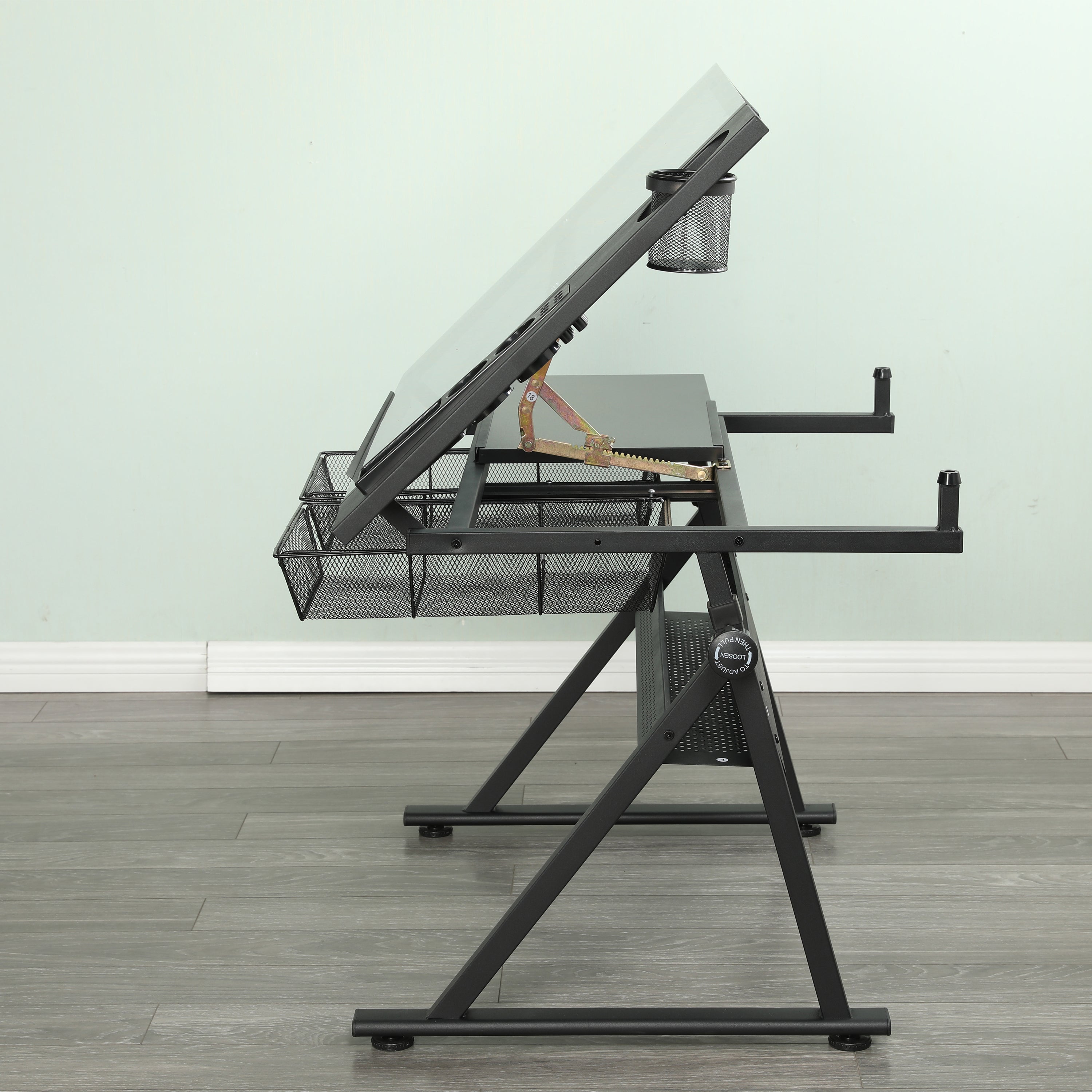 black adjustable tempered glass drafting printing table with chair