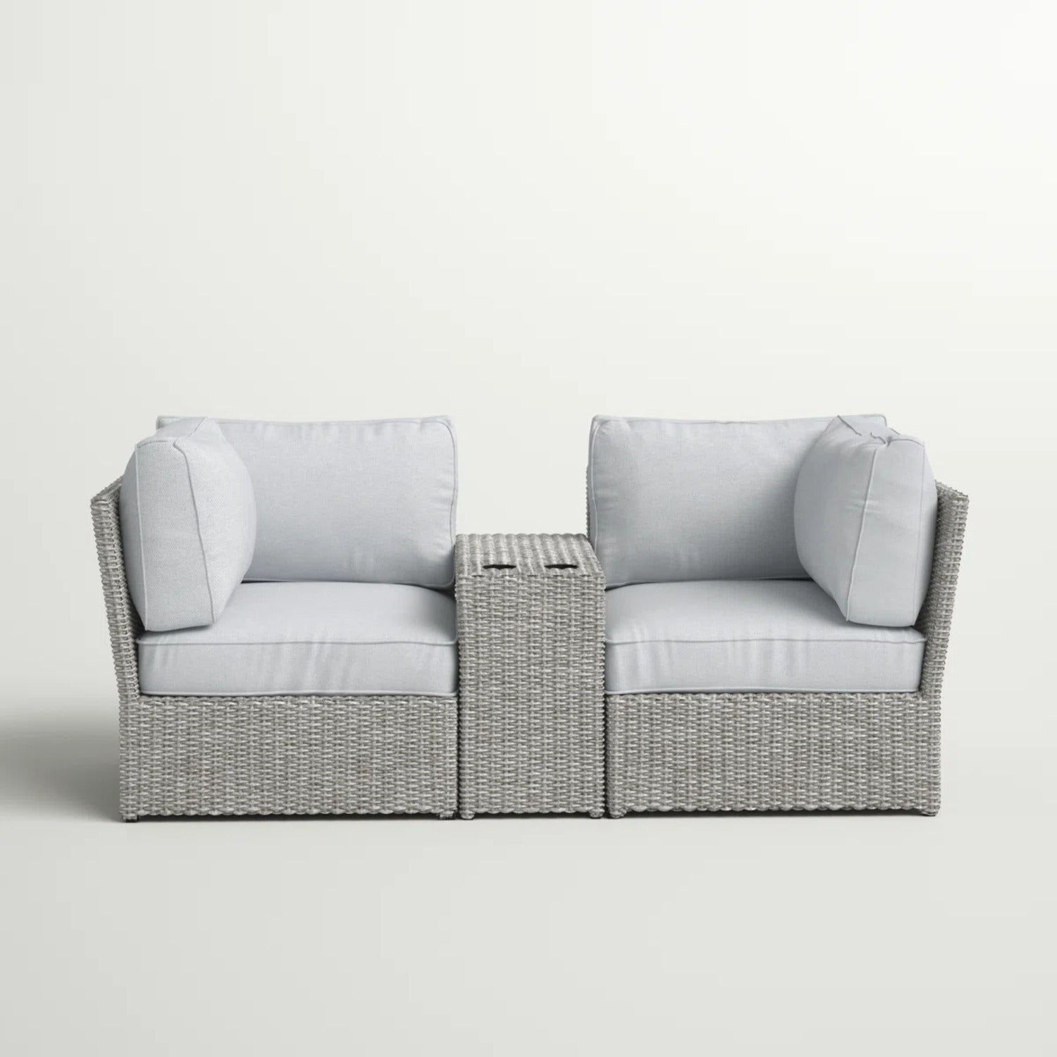 Outdoor Patio Loveseat Set HDPE Wicker Gray 3 Piece Cup Holder Table