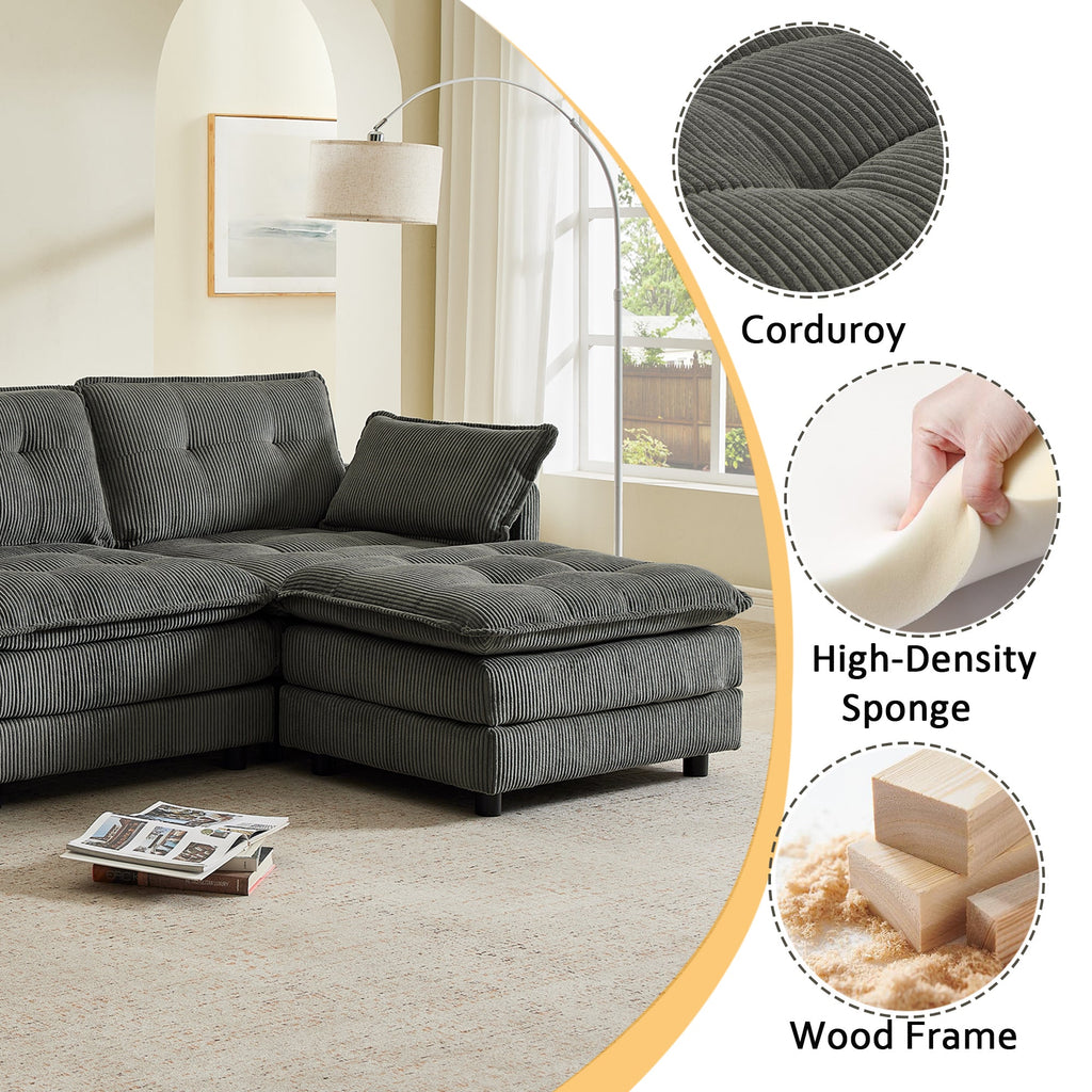 Sectional Sofa L-Shape Corduroy Gray 4 Seat USB Ports Ottoman 119 In
