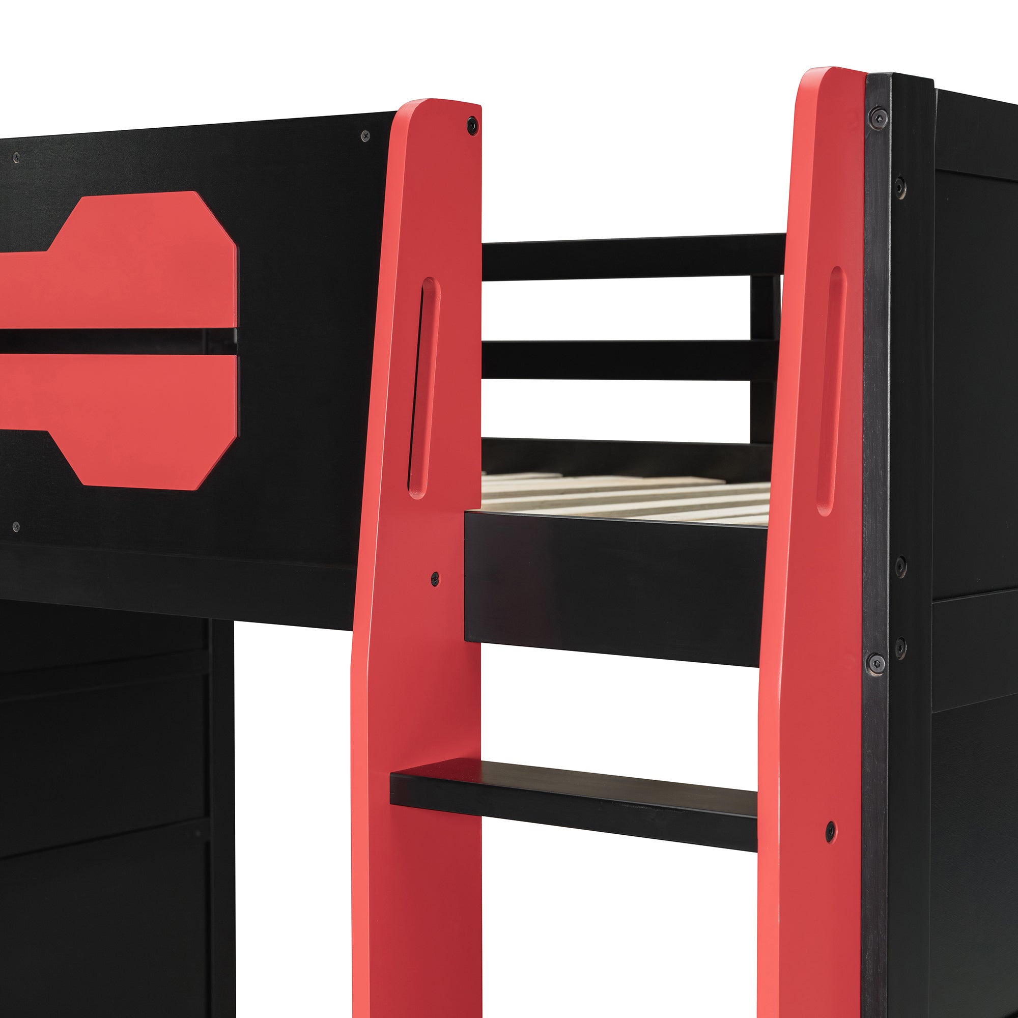 Full Size Wood Loft Bed with Desk, Multi-storage Shelves and RGB Light, Red