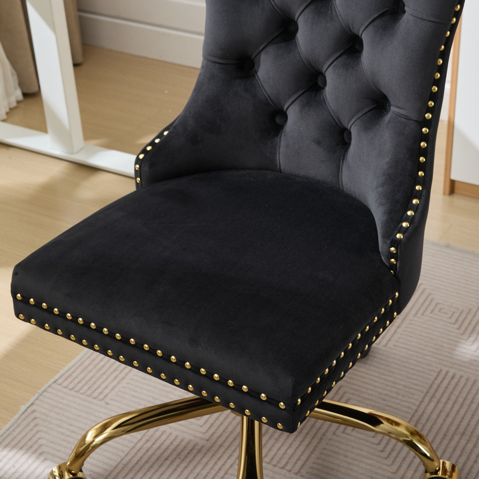 Swivel Office Chair Velvet Black Tufted Button Gold Metal Base 24.8x38.6 In