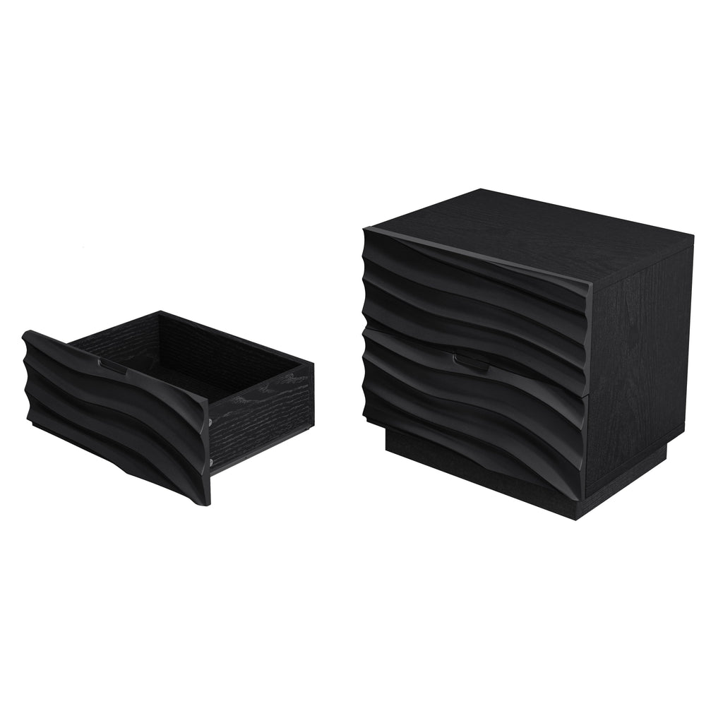 Solid Wood Nightstands Set of 2, 2 Drawers, No Handles, Living Room, Black