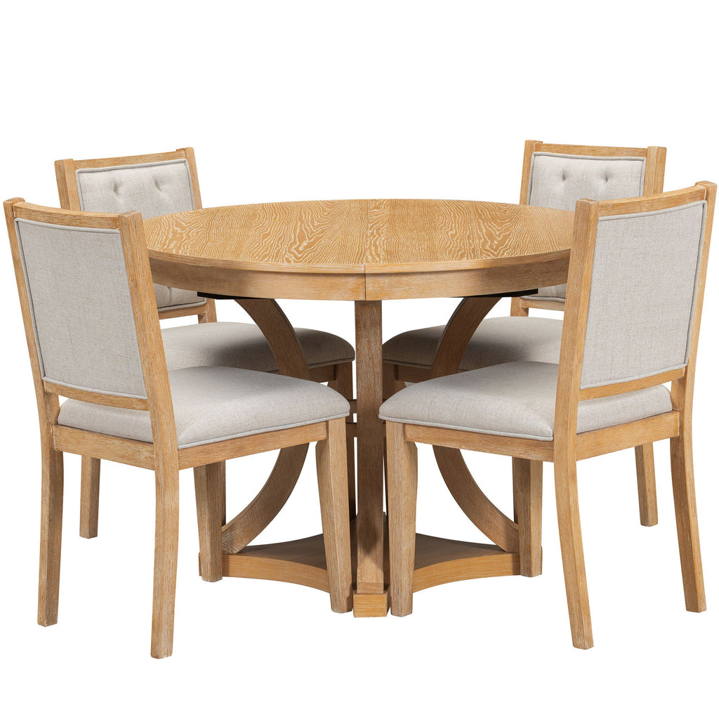 5-Piece Retro Functional Dining Table Set Extendable Round Table and 4