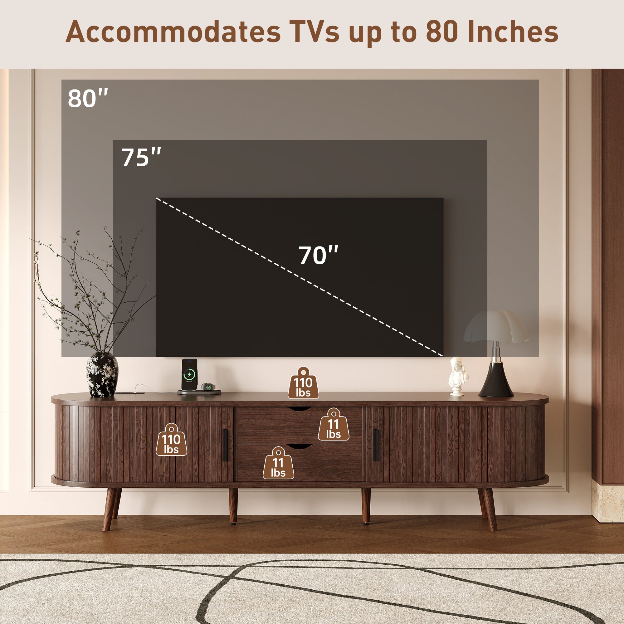 TV Stand Mid-Century Dark Brown MDF Tambour Door 2 AC 2 USB Fits 80 In TV