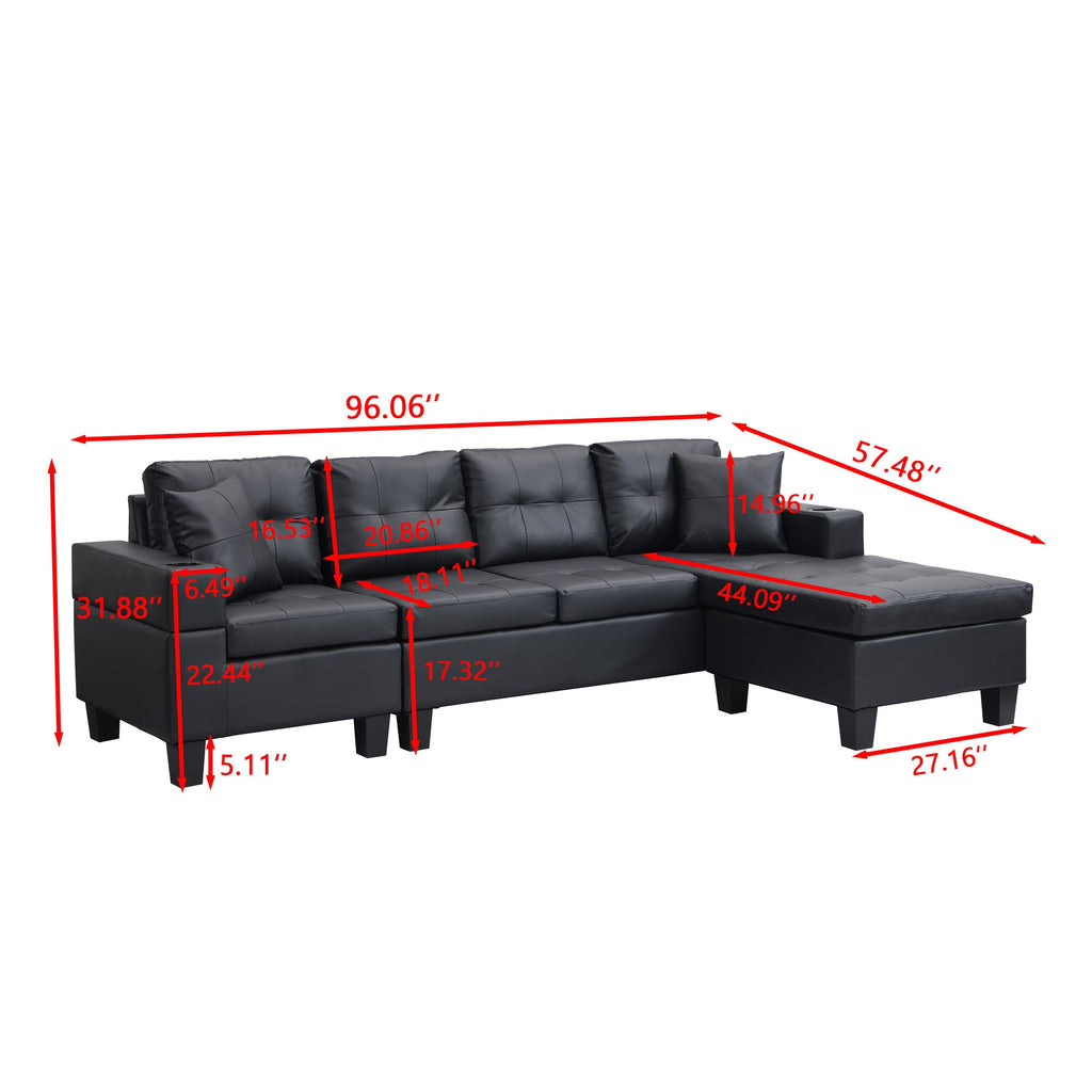 Sectional Sofa L-Shape Chaise PU Leather Black 4-Seat Cup Holders 96x57 In