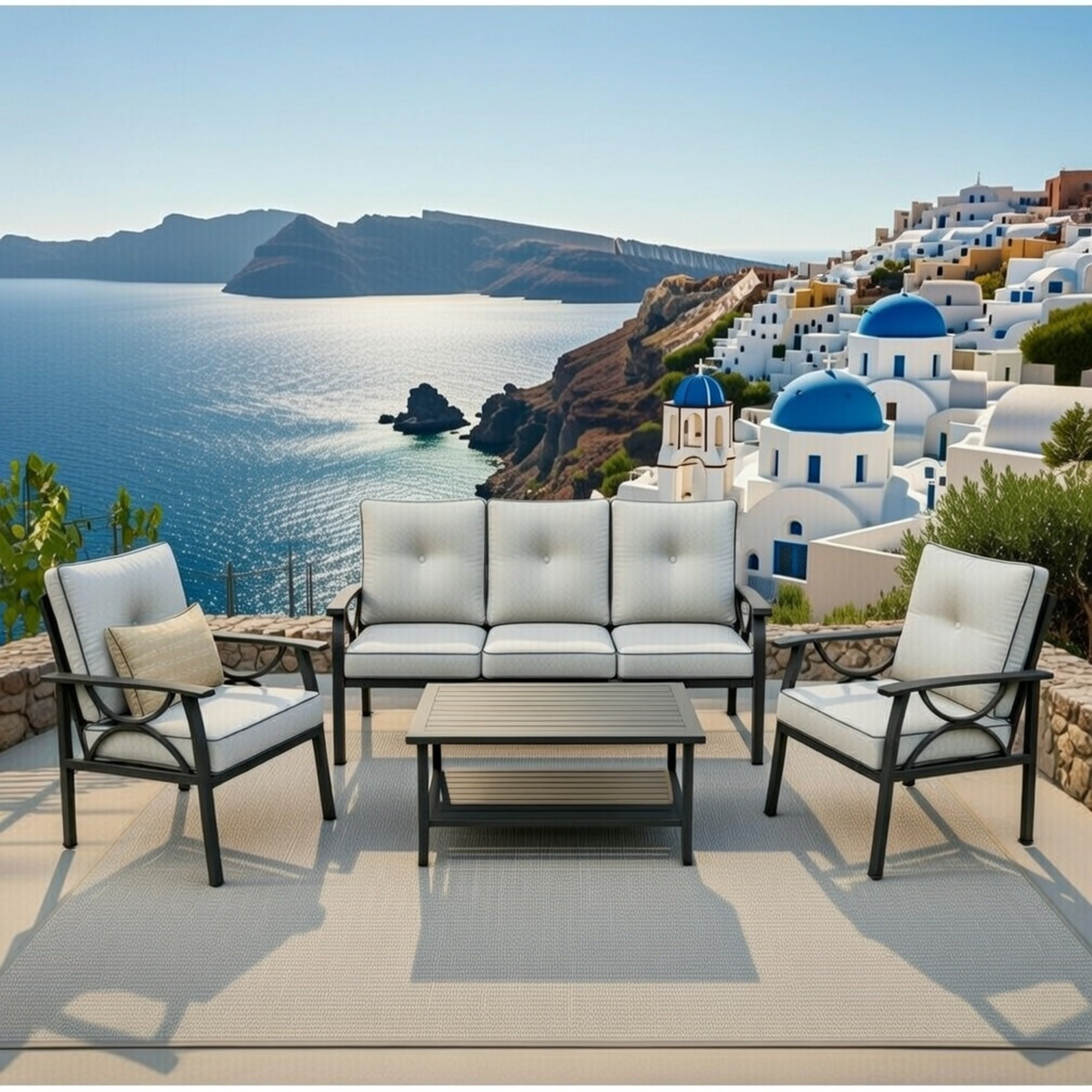 Outdoor Patio Set Metal Black Gray Cushion 4 Piece Seats 5