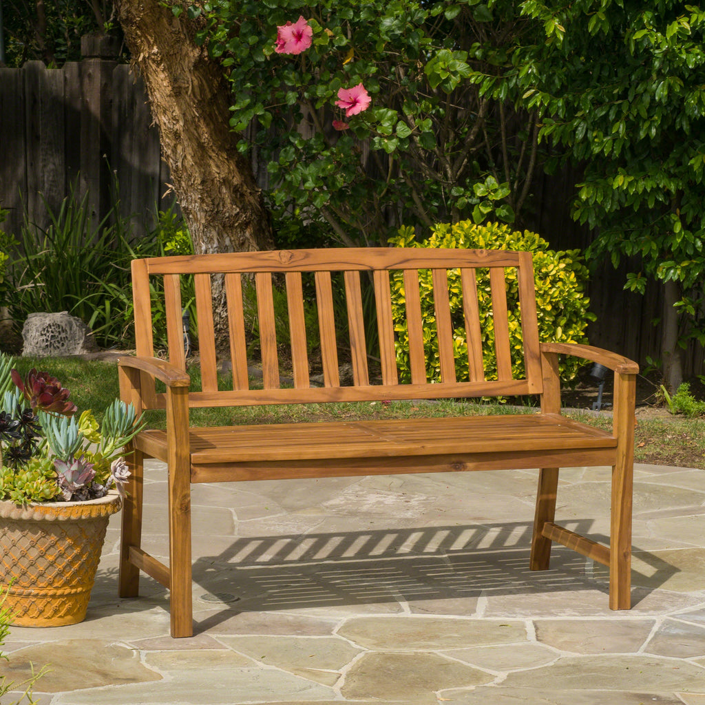 Outdoor Bench Acacia Wood Teak Finish Farmhouse Backrest 48.82x23.62 In 250 LB