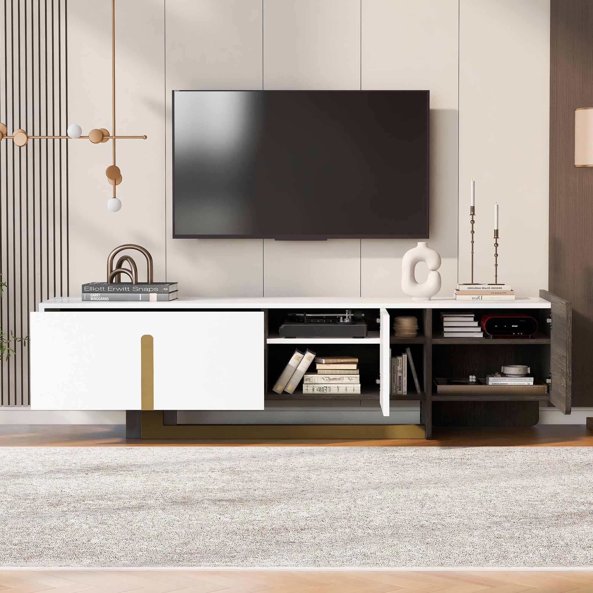 TV Stand Luxury White MDF Metal Legs Drawer 2-Cabinet Fits 70 In TV 66.7 In