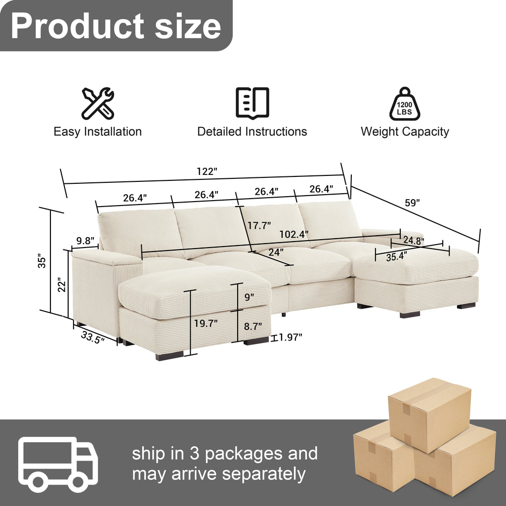 Sectional Sofa U-Shape Corduroy Beige 4 Seat 122 In 2 Ottomans