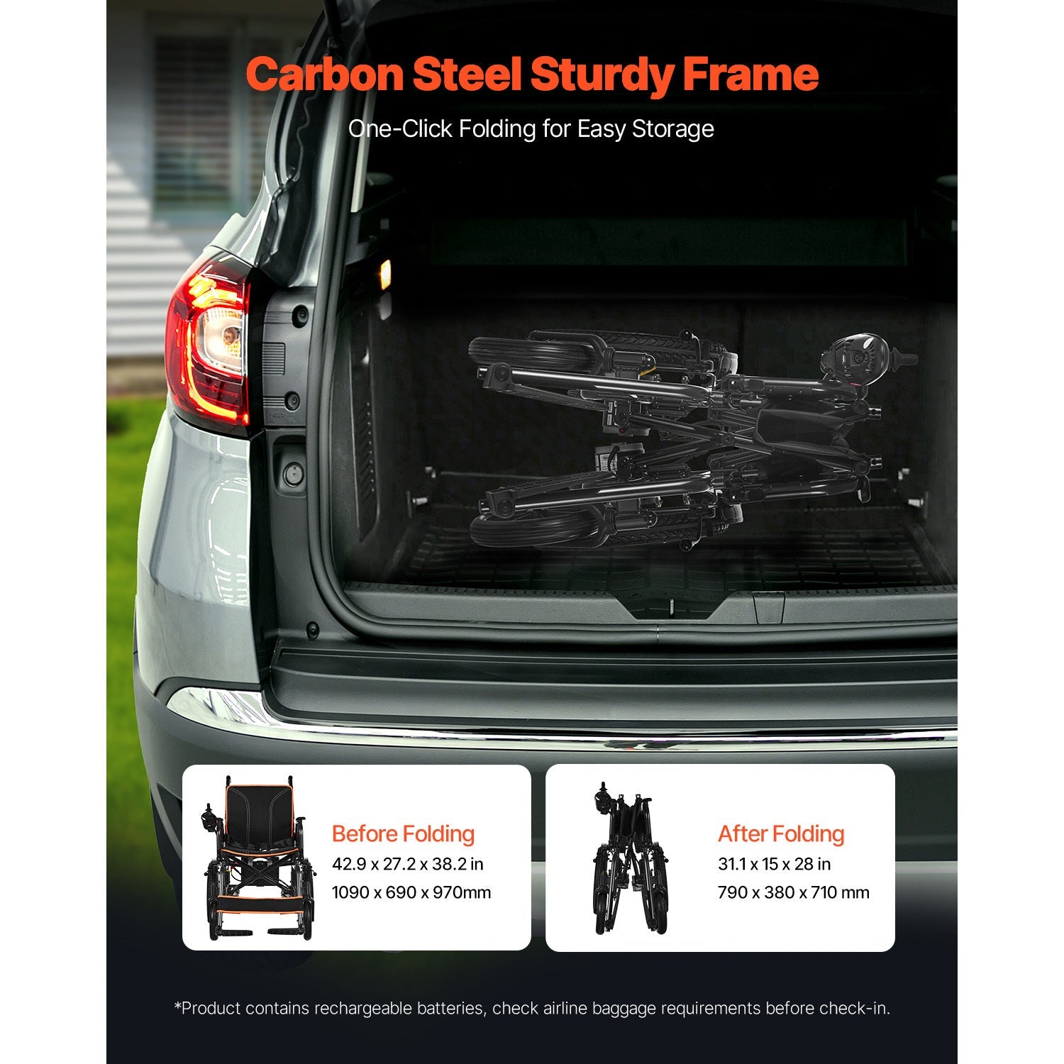 Wheelchair Electric Foldable Carbon Steel 265 LB 13 Mile Range 42x27x38 In