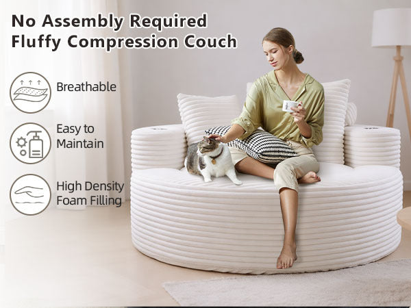 Sofa Round Memory Foam Velvet White with Cup Holder 55 In
