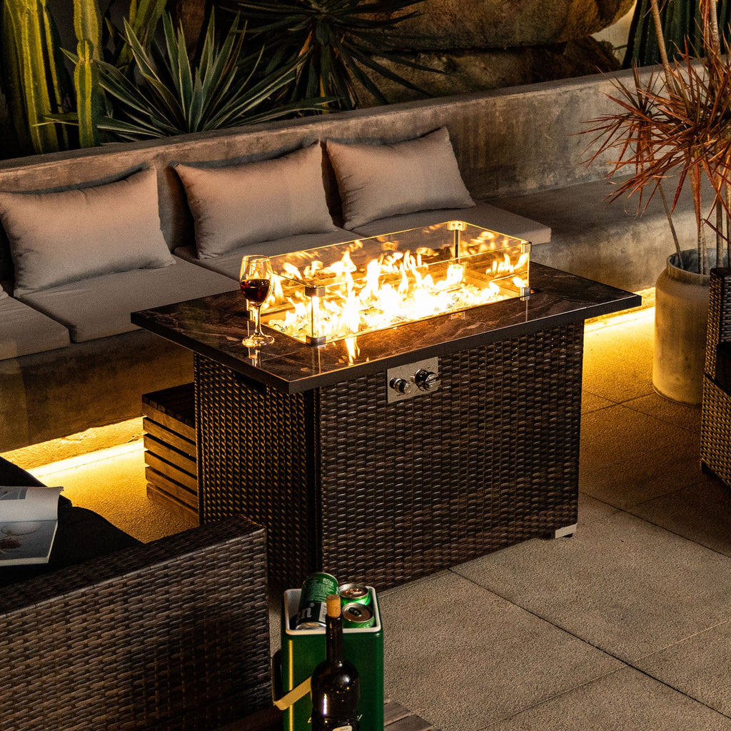 44 Inch Propane Gas Fire Pit Table 50000 BTU Tile Tabletop with Wicker Base
