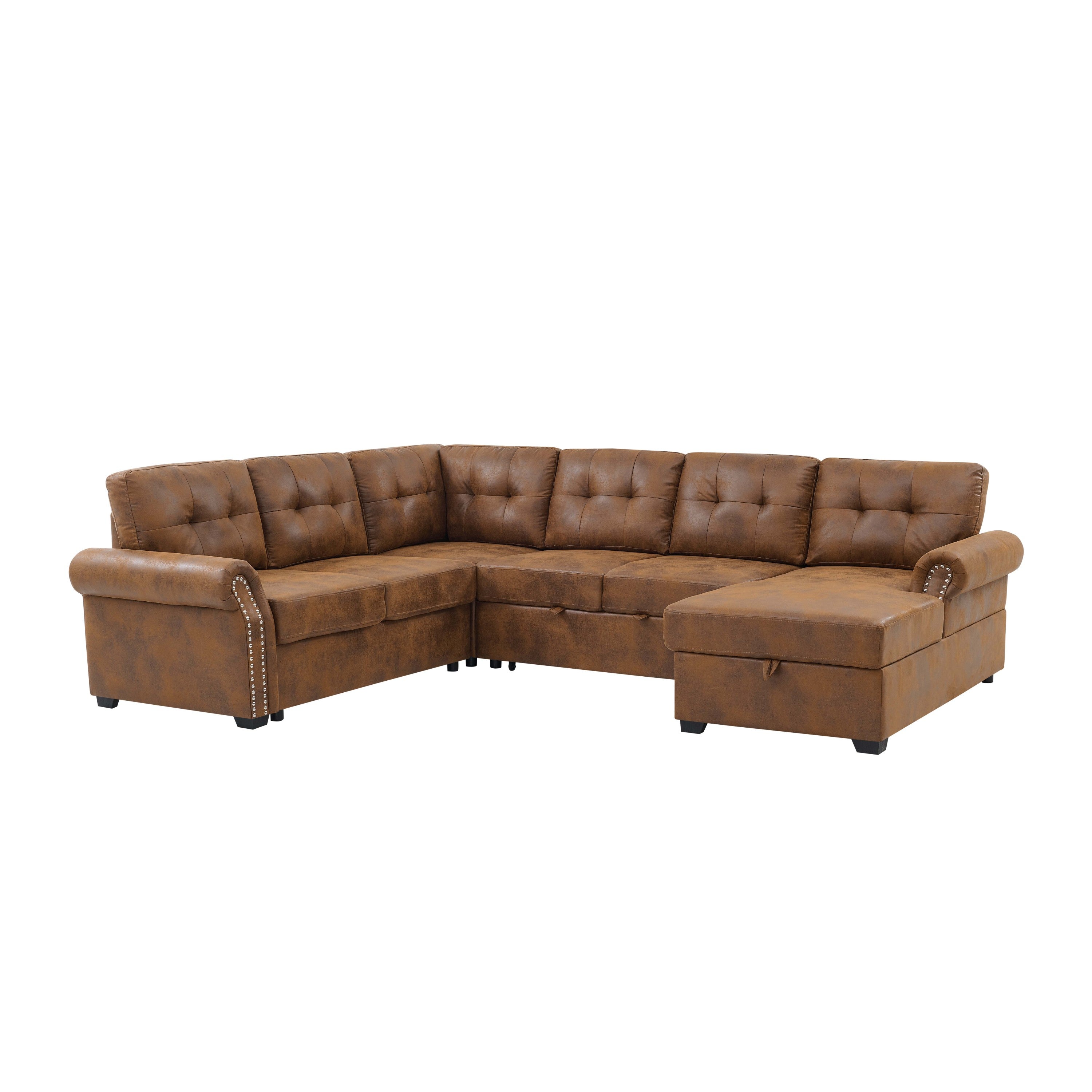 Sofa Bed U-Shape Faux Leather Brown Sleeper Storage Chaise 114 In