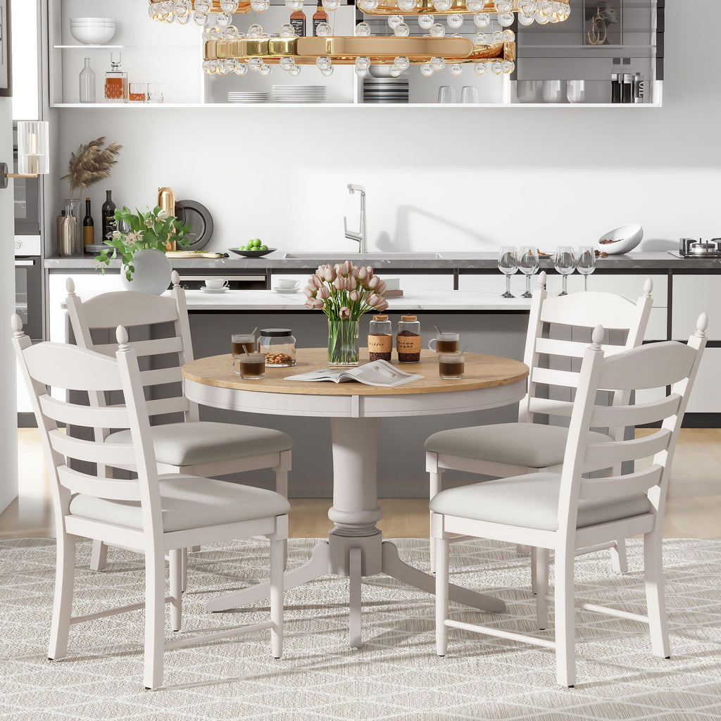 5-Piece Retro Functional Dining Table Set Wood Round Extendable Dining Table
