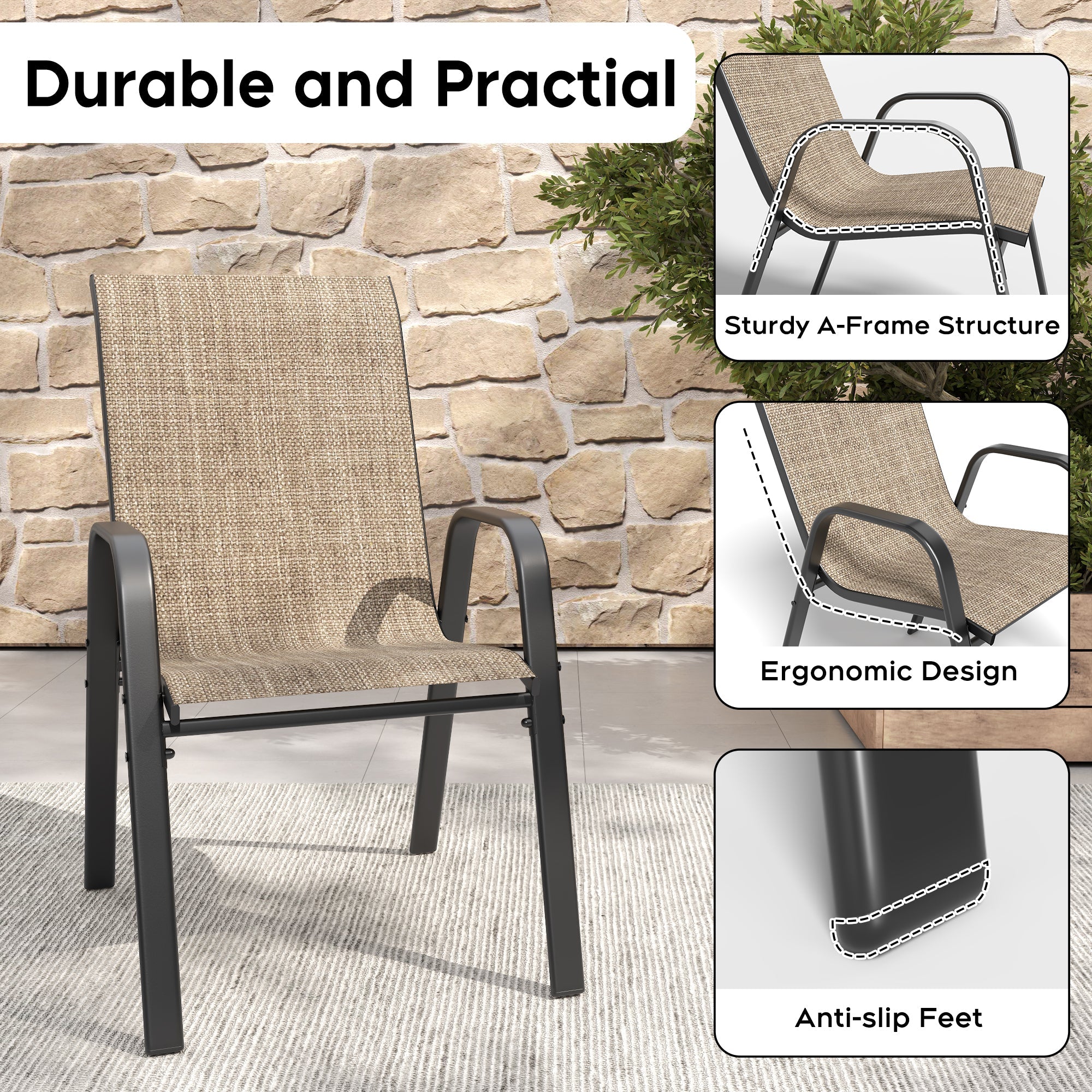 7-Piece Outdoor Patio Dining Set, 63' x 38' Rectangular Wood-Grain Metal Table