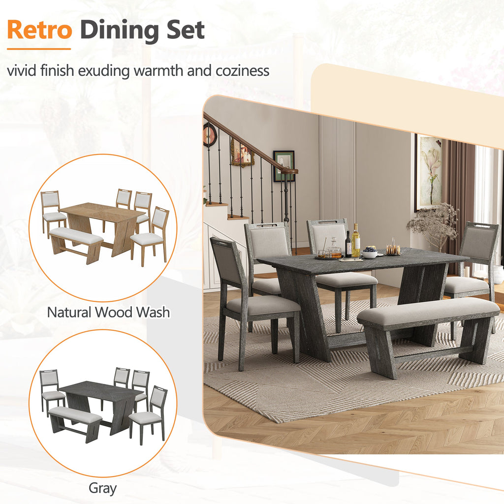6-Piece Retro Dining Table Set for 6, 60' Wood Kitchen Table and Chairs Set of