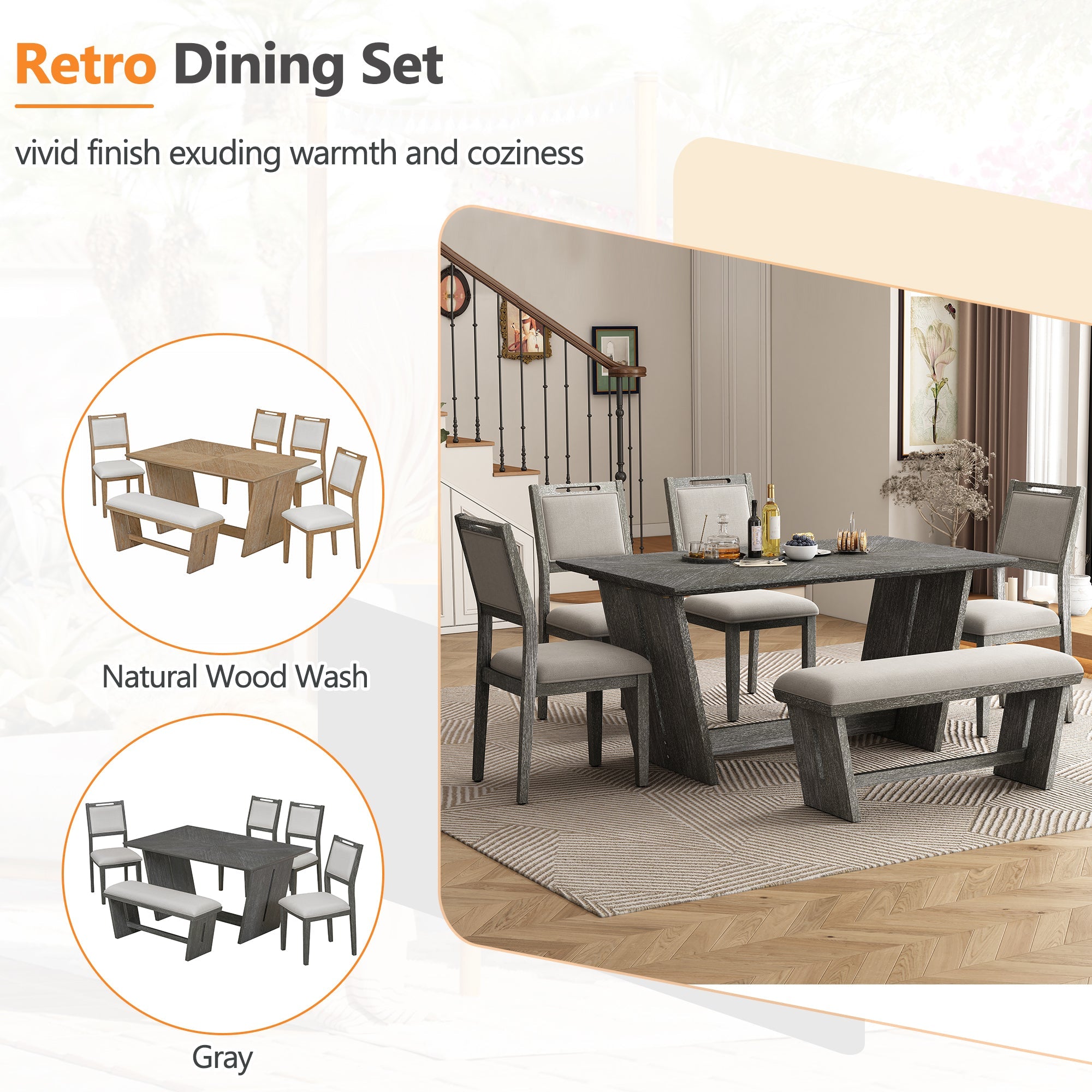 6-Piece Retro Dining Table Set for 6, 60' Wood Kitchen Table and Chairs Set of