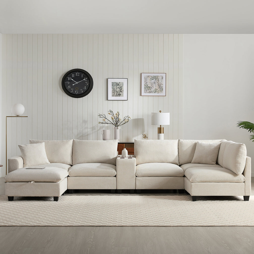 Sectional Sofa U-Shape Corduroy Beige 6 Seat Storage Ottoman USB 140 In
