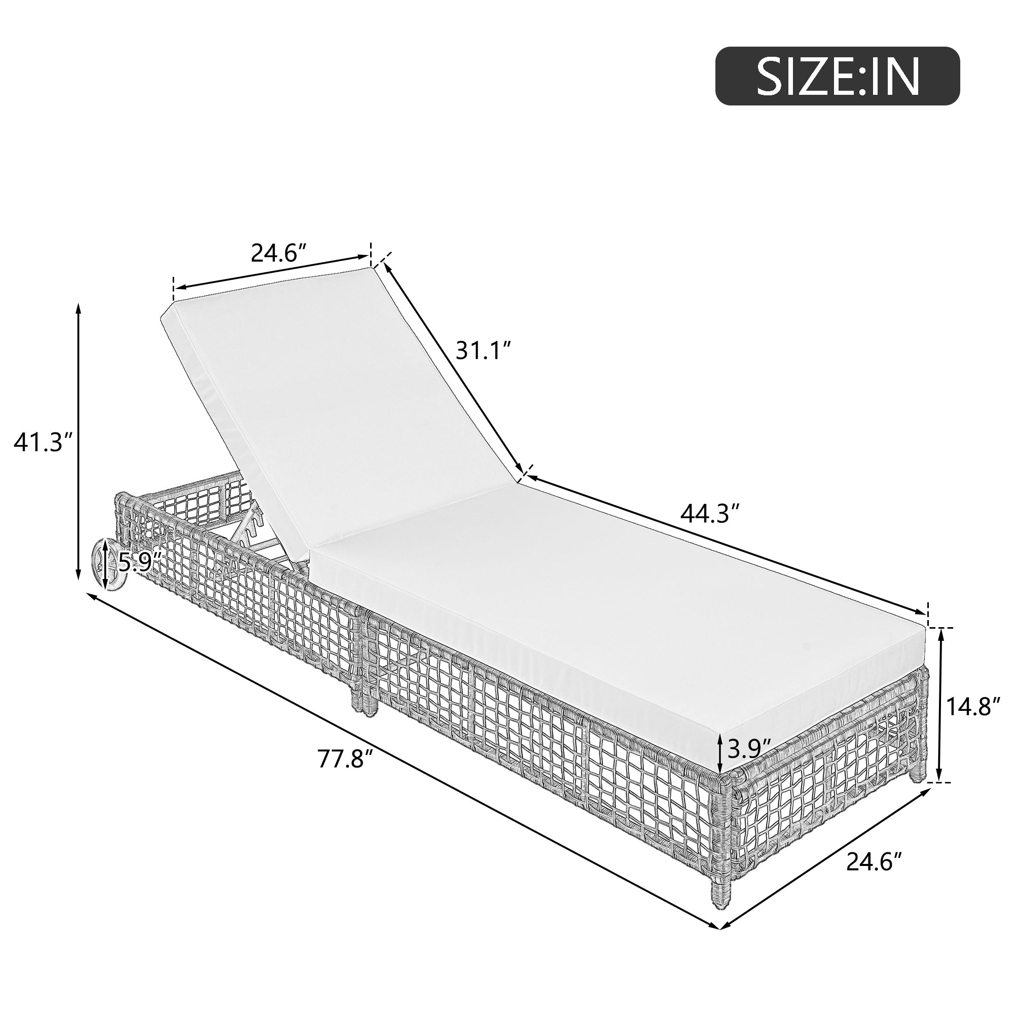 Outdoor Lounge Chair, 5-Position Adjustable Rattan Chaise with Cushion and