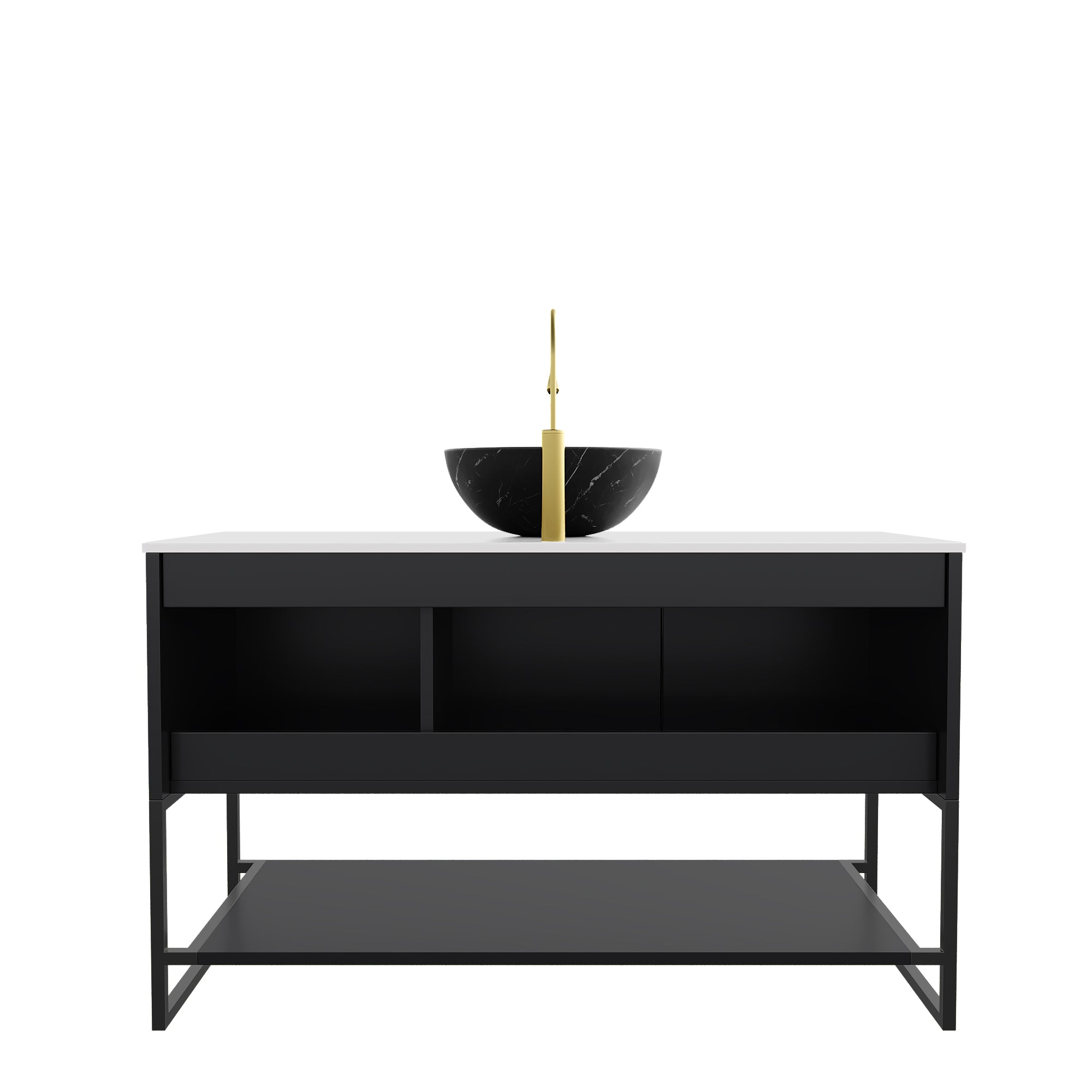 48' Bathroom Vanity with Sink, Freestanding 3 Doors Open Shelf Black Bowl Basin