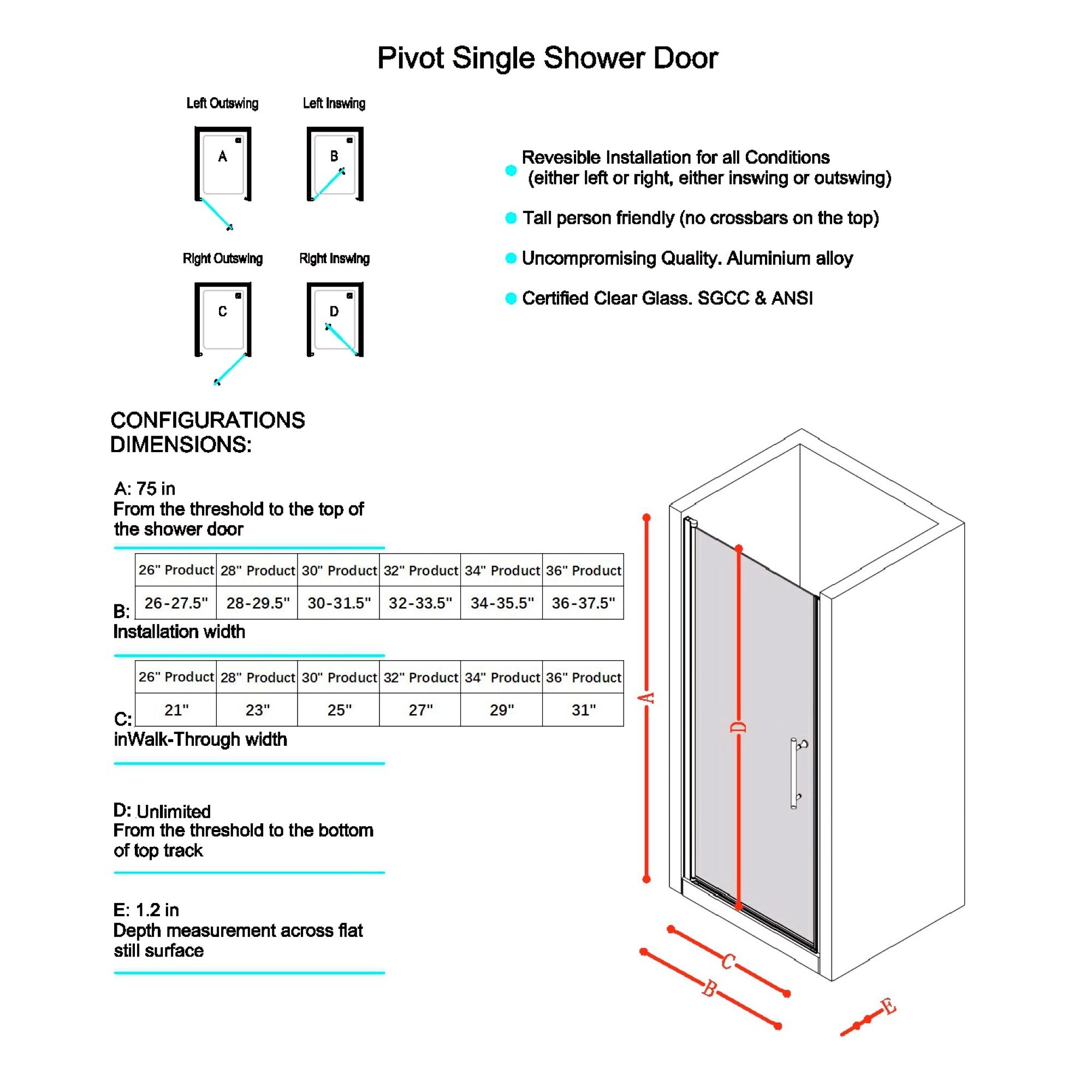30-31.5in W x 75in H Pivot Single Swing Shower Door, Matte Black, 6mm Glass