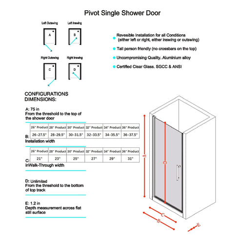 30-31.5in W x 75in H Pivot Single Swing Shower Door, Matte Black, 6mm Glass