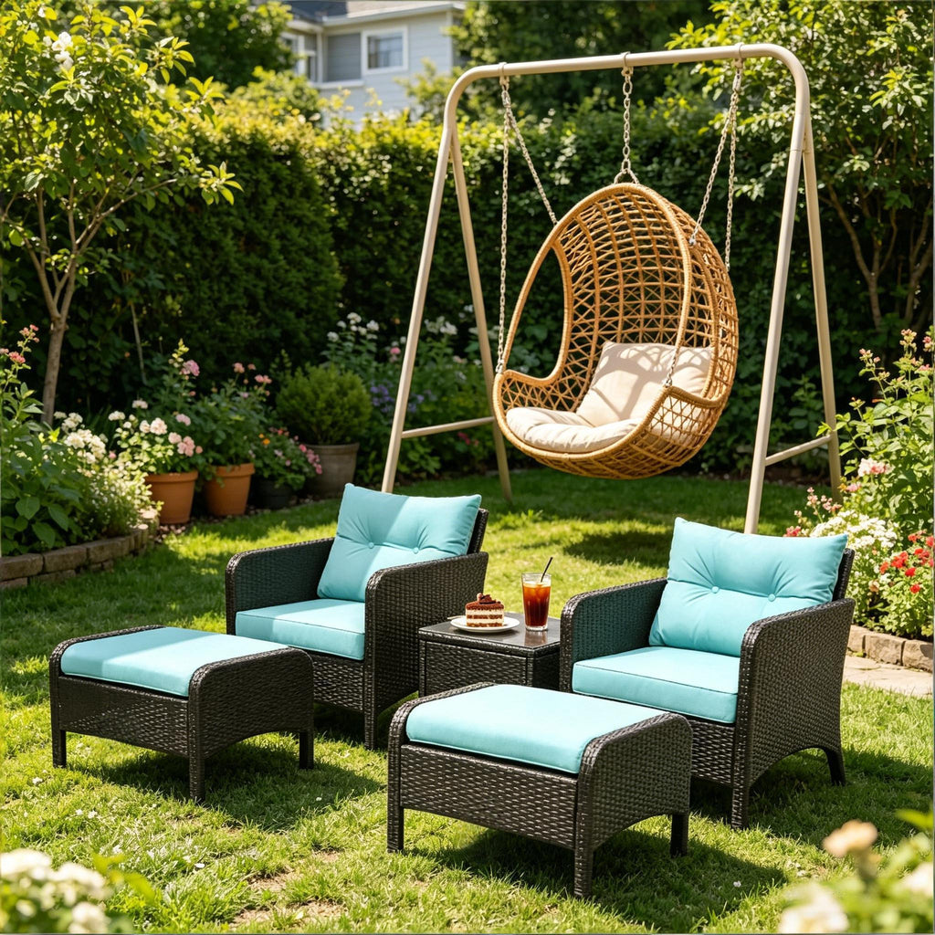 Outdoor Conversation Set PE Rattan Blue Brown 5 Piece 2 Chairs Footstools