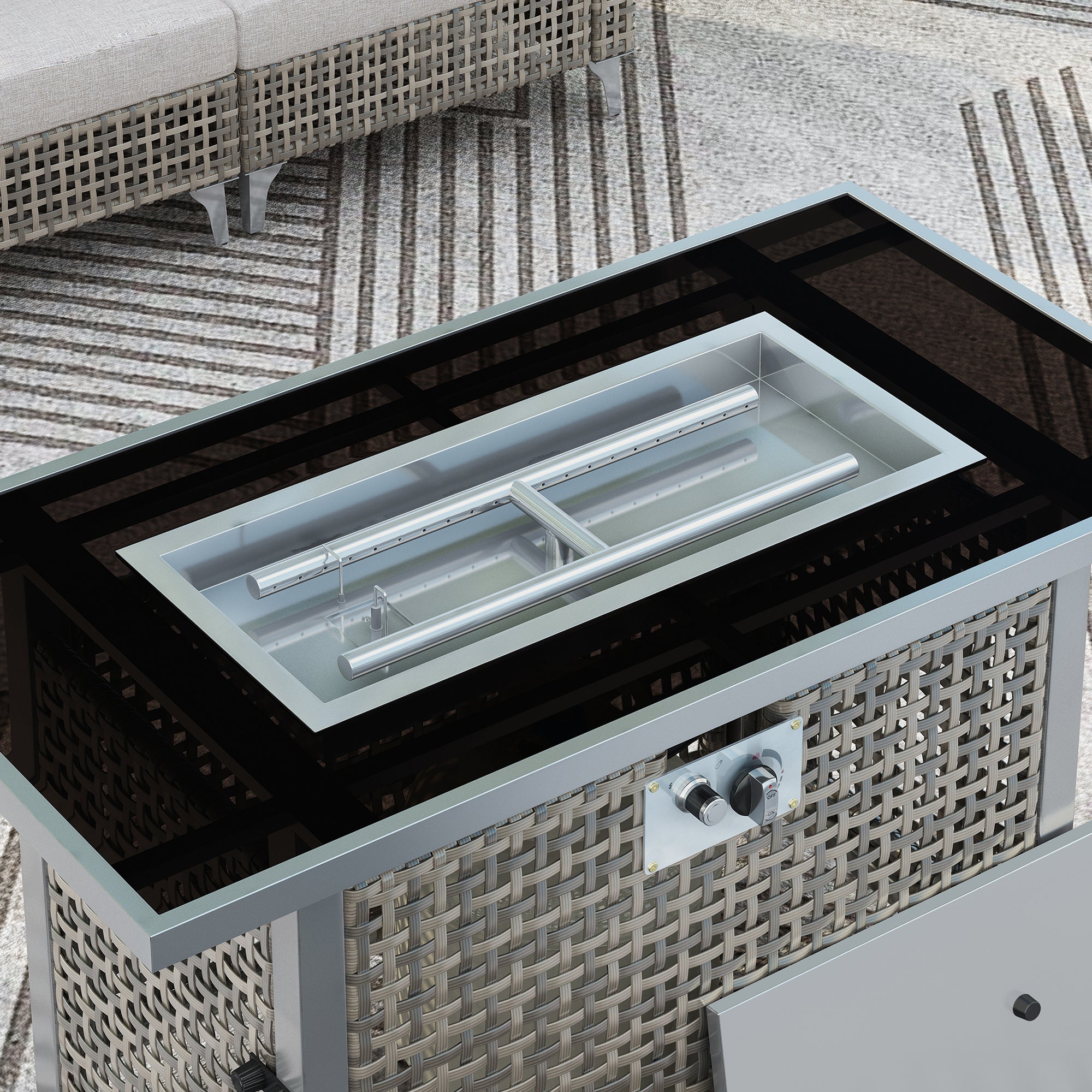 43 in Propane Gas Fire Pit Table 60,000 BTU Rectangular Open Weave Wicker, Grey