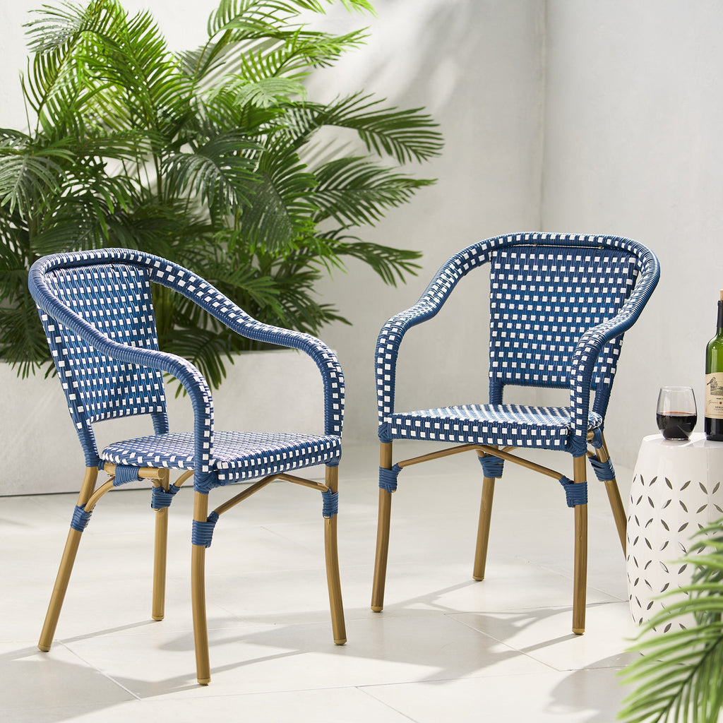 Outdoor Bistro Chair Set of 2, Rattan Wicker Aluminum Frame, White and Navy